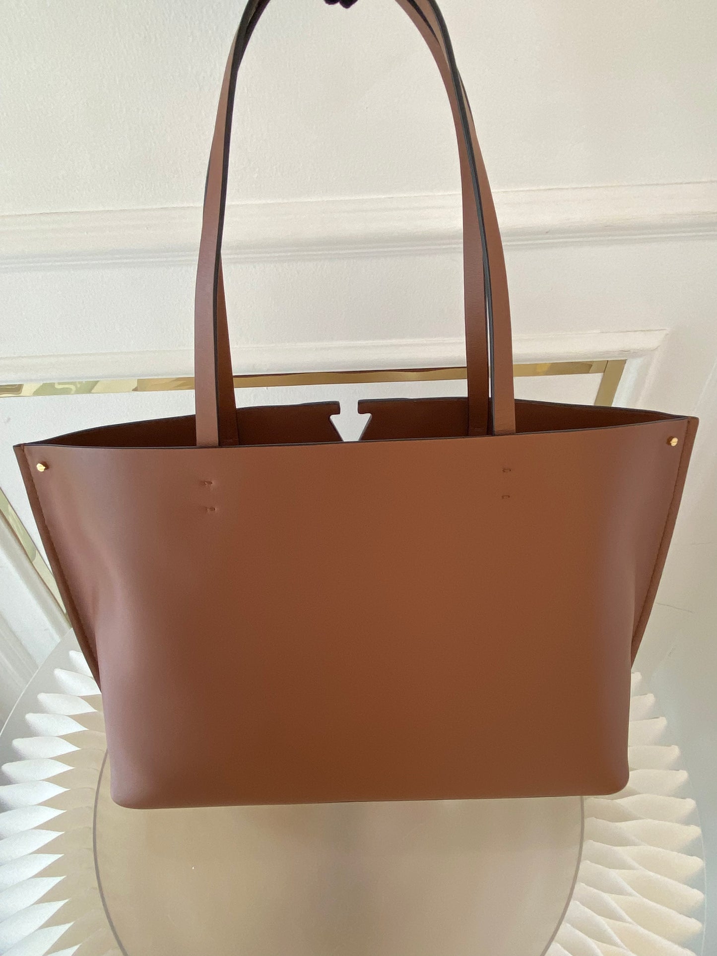 VLTN Fill Me Cognac Brown Calfskin Leather Tote Bag