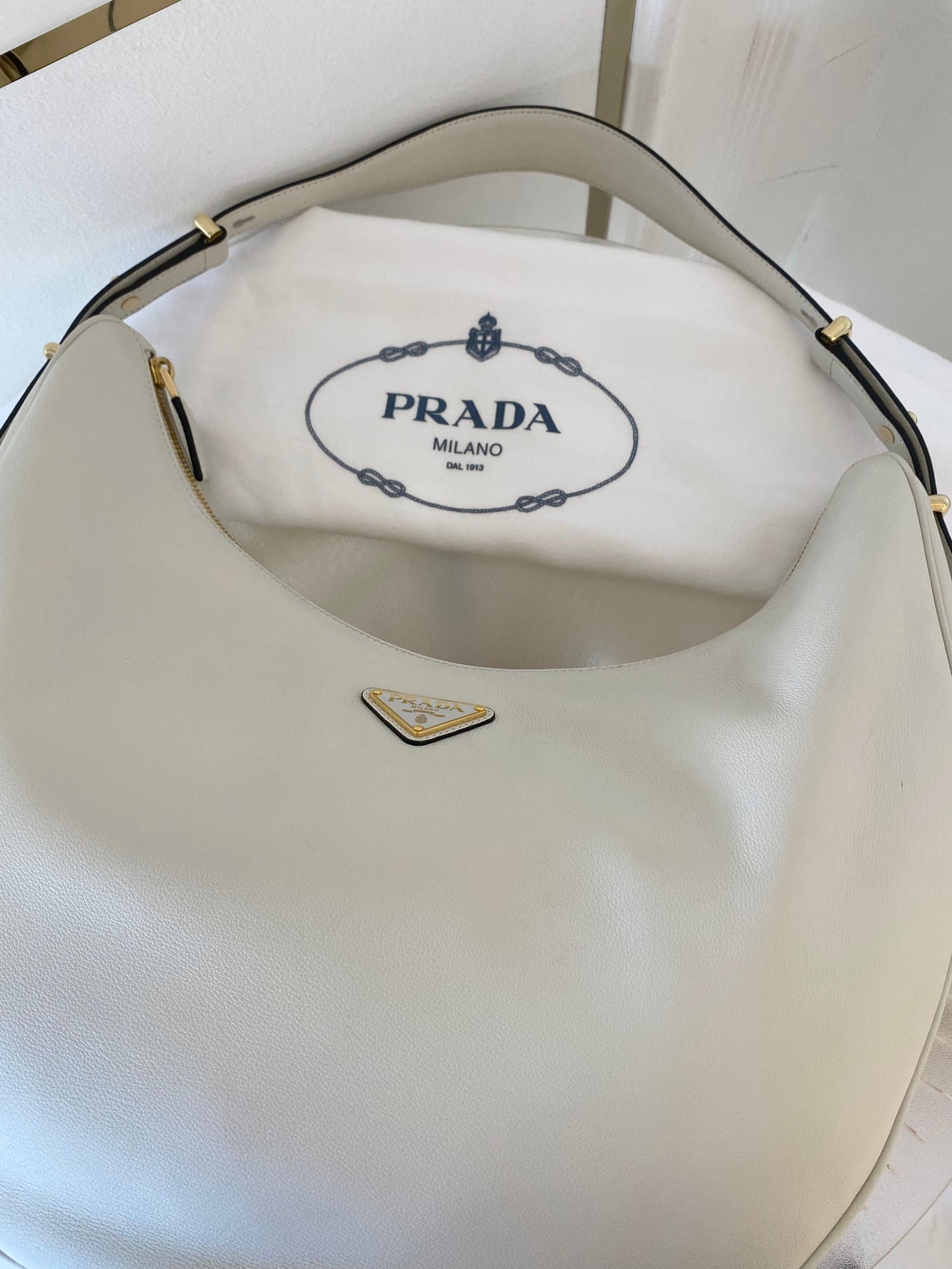 PRADA Arqué Leather Large Shoulder Bag
