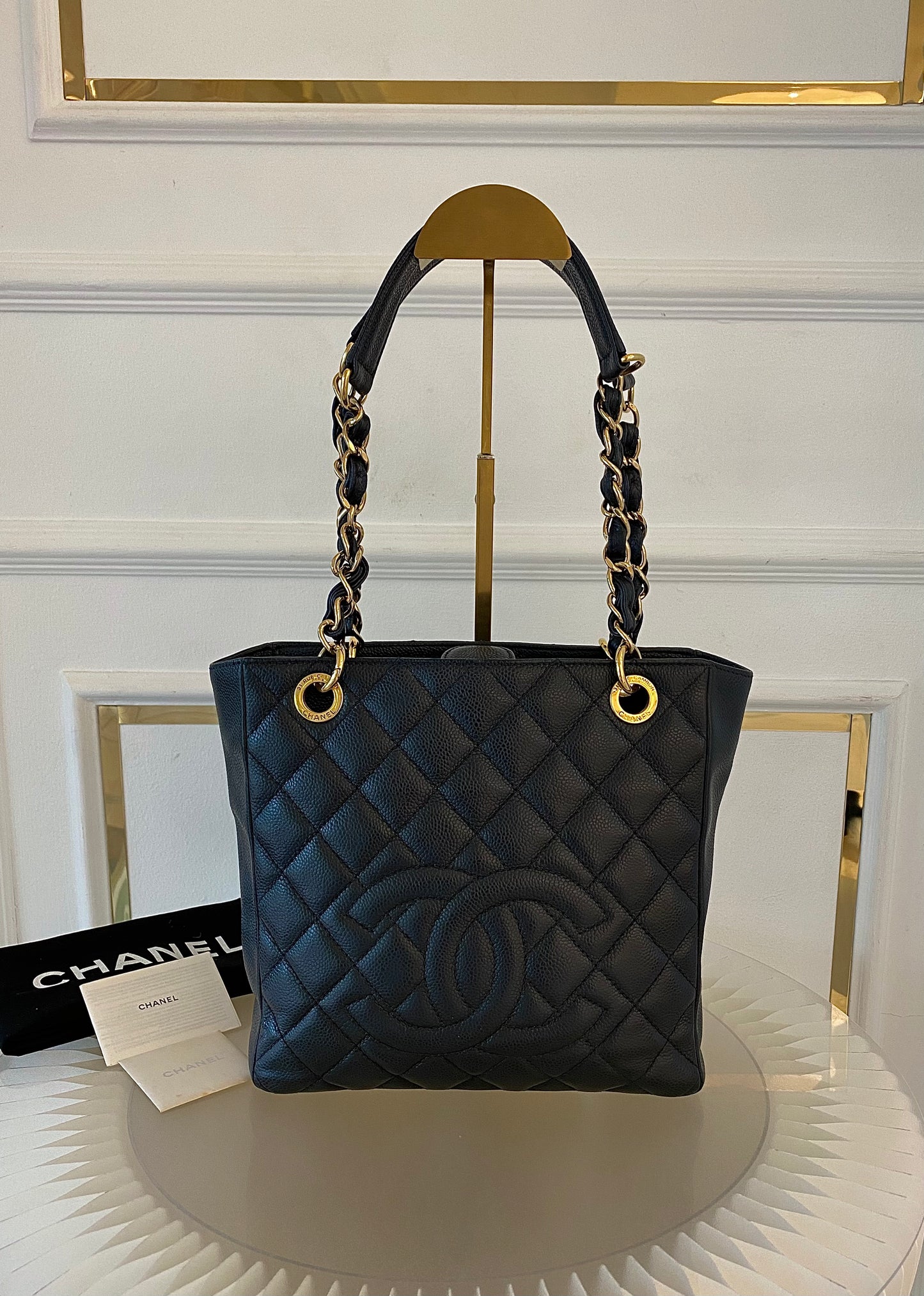 CHANEL Petite Shopping Tote Black Quilted Caviar