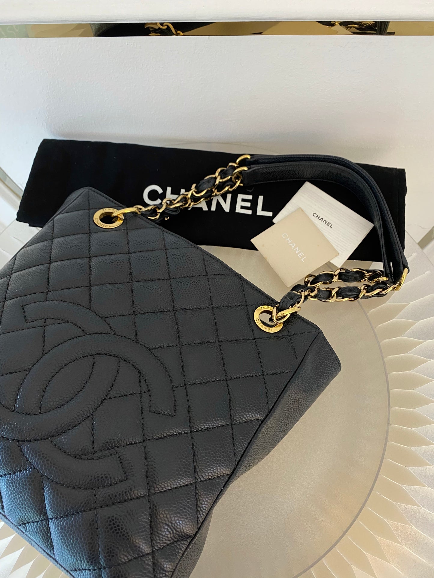 CHANEL Petite Shopping Tote Black Quilted Caviar