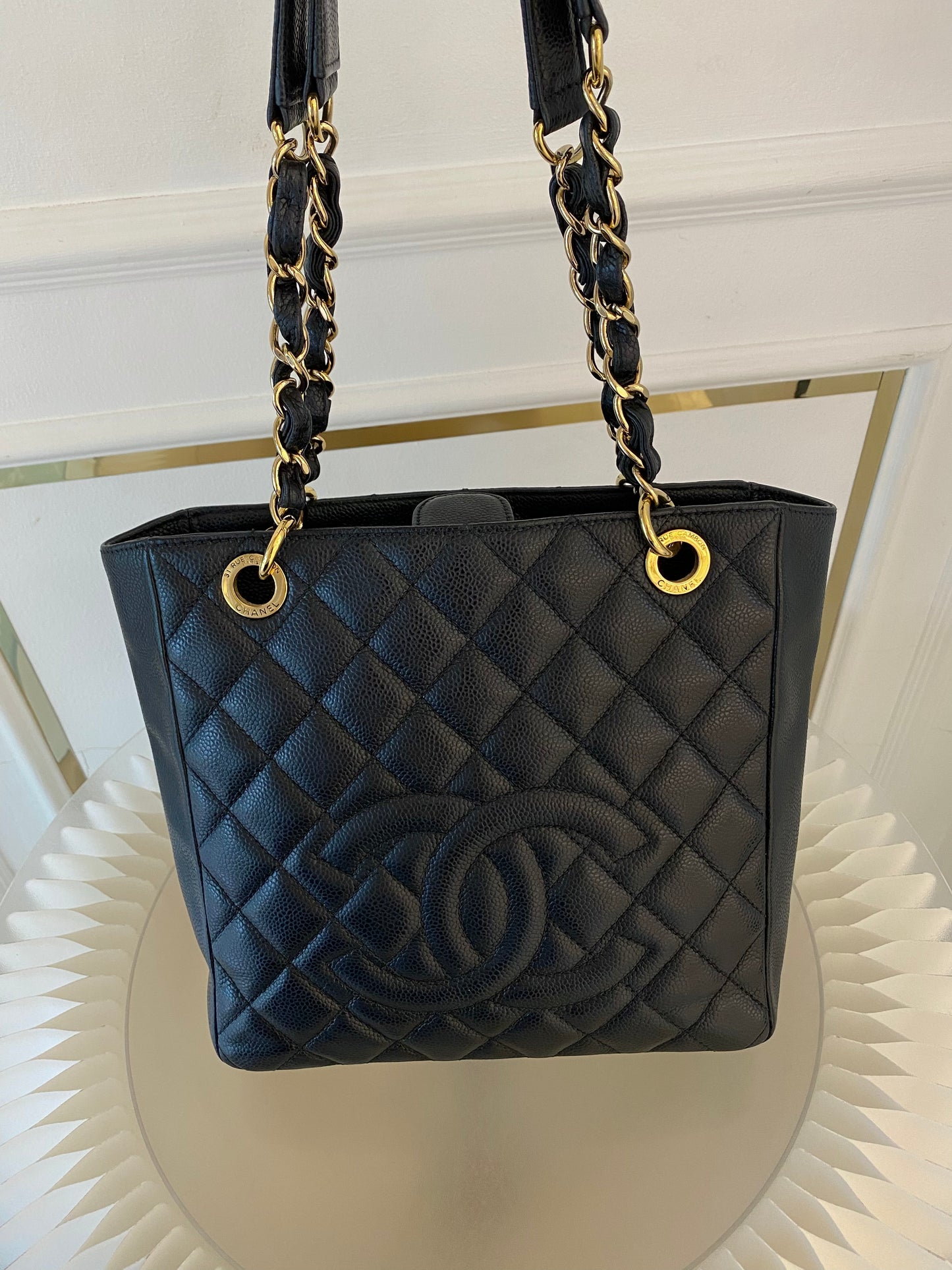 CHANEL Petite Shopping Tote Black Quilted Caviar