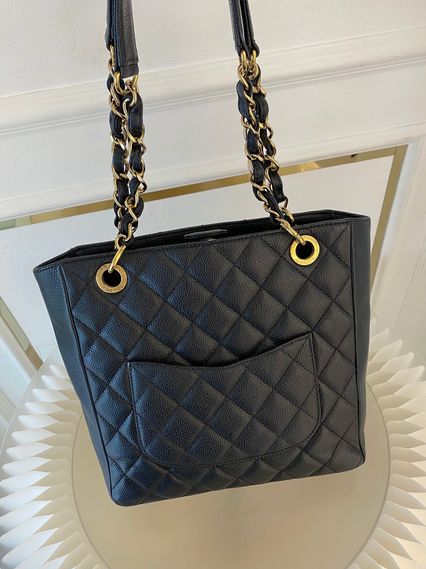 CHANEL Petite Shopping Tote Black Quilted Caviar