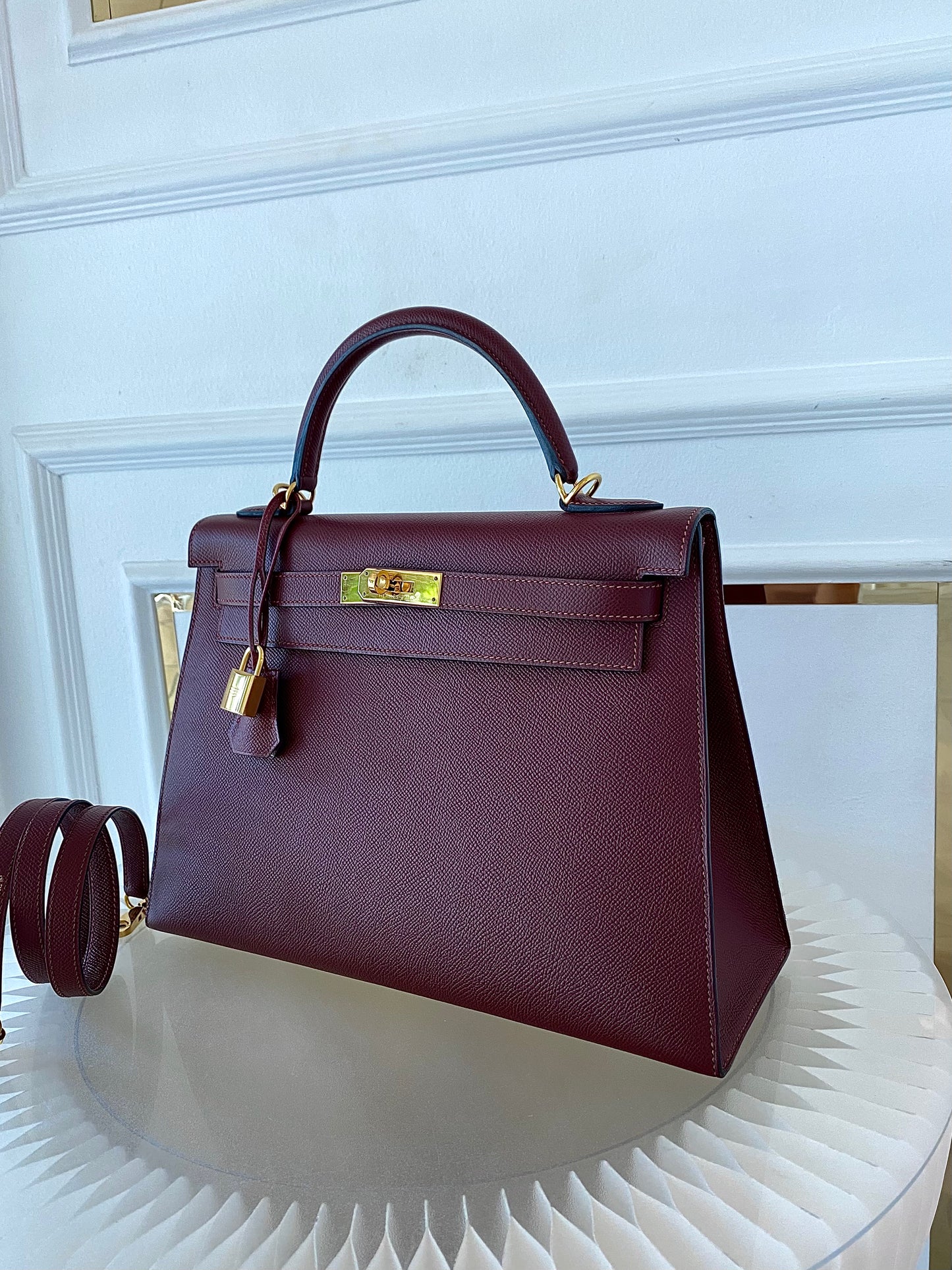 HERMES Kelly 32 Bordeaux Epsom Sellier GHW