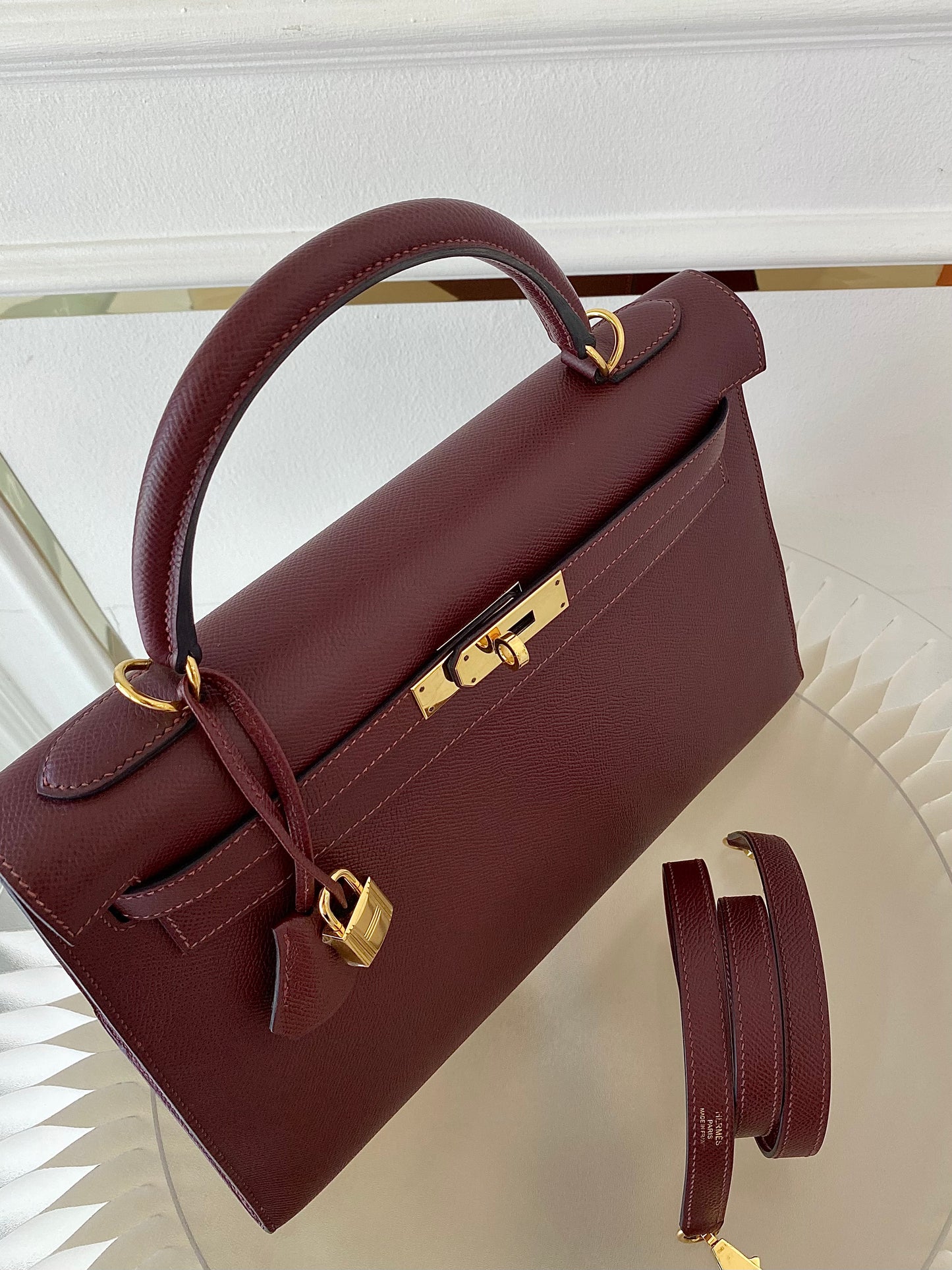 HERMES Kelly 32 Bordeaux Epsom Sellier GHW