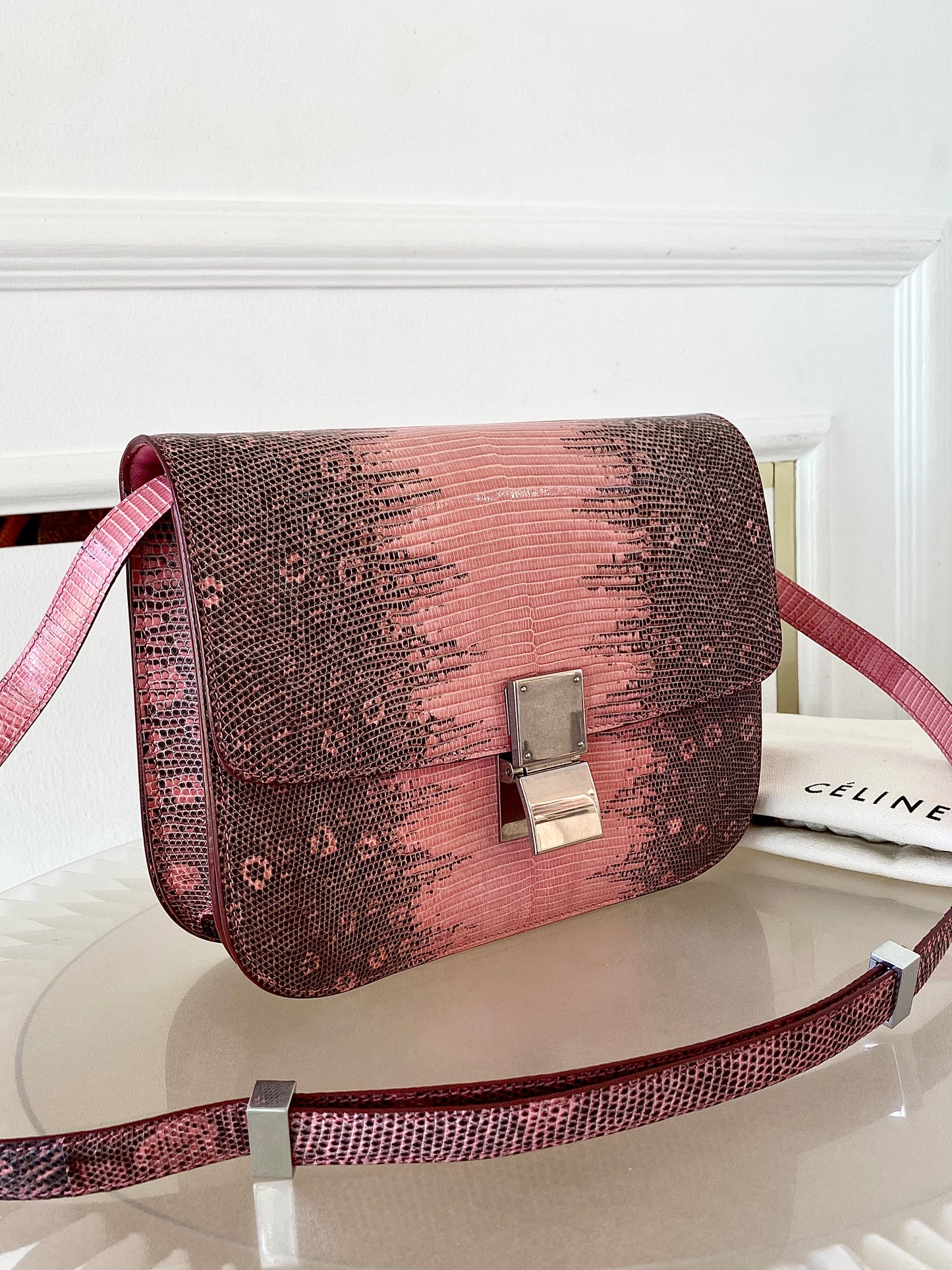 CELINE Medium Classic Box Pink/Grey Lizard Bag