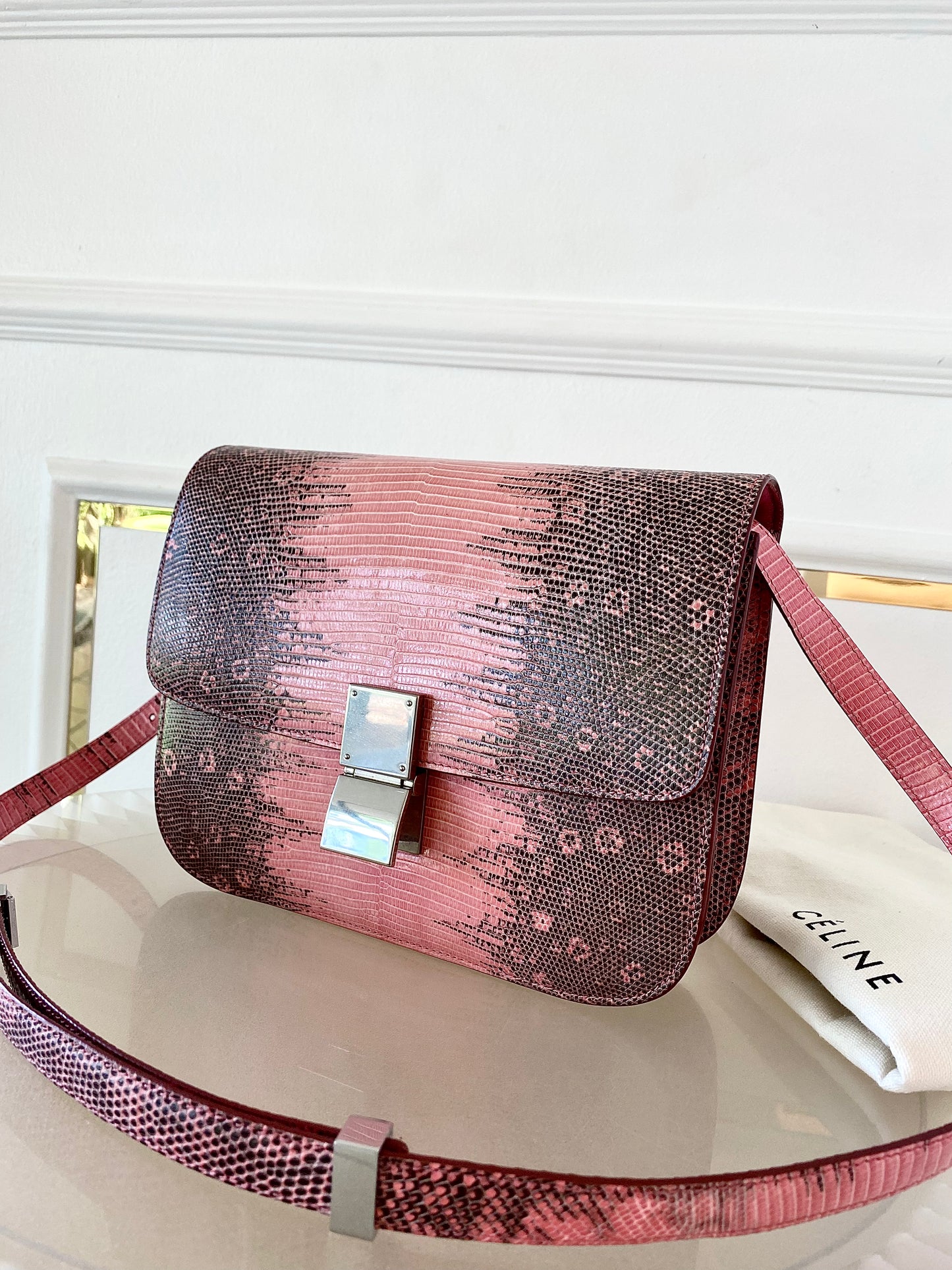 CELINE Medium Classic Box Pink/Grey Lizard Bag