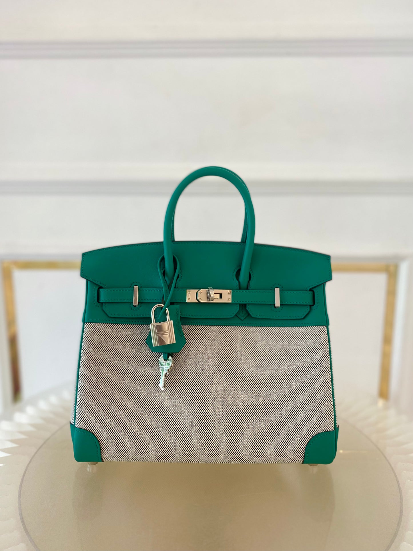 HERMES Birkin 25 Vert Vertigo Toile Swift PHW
