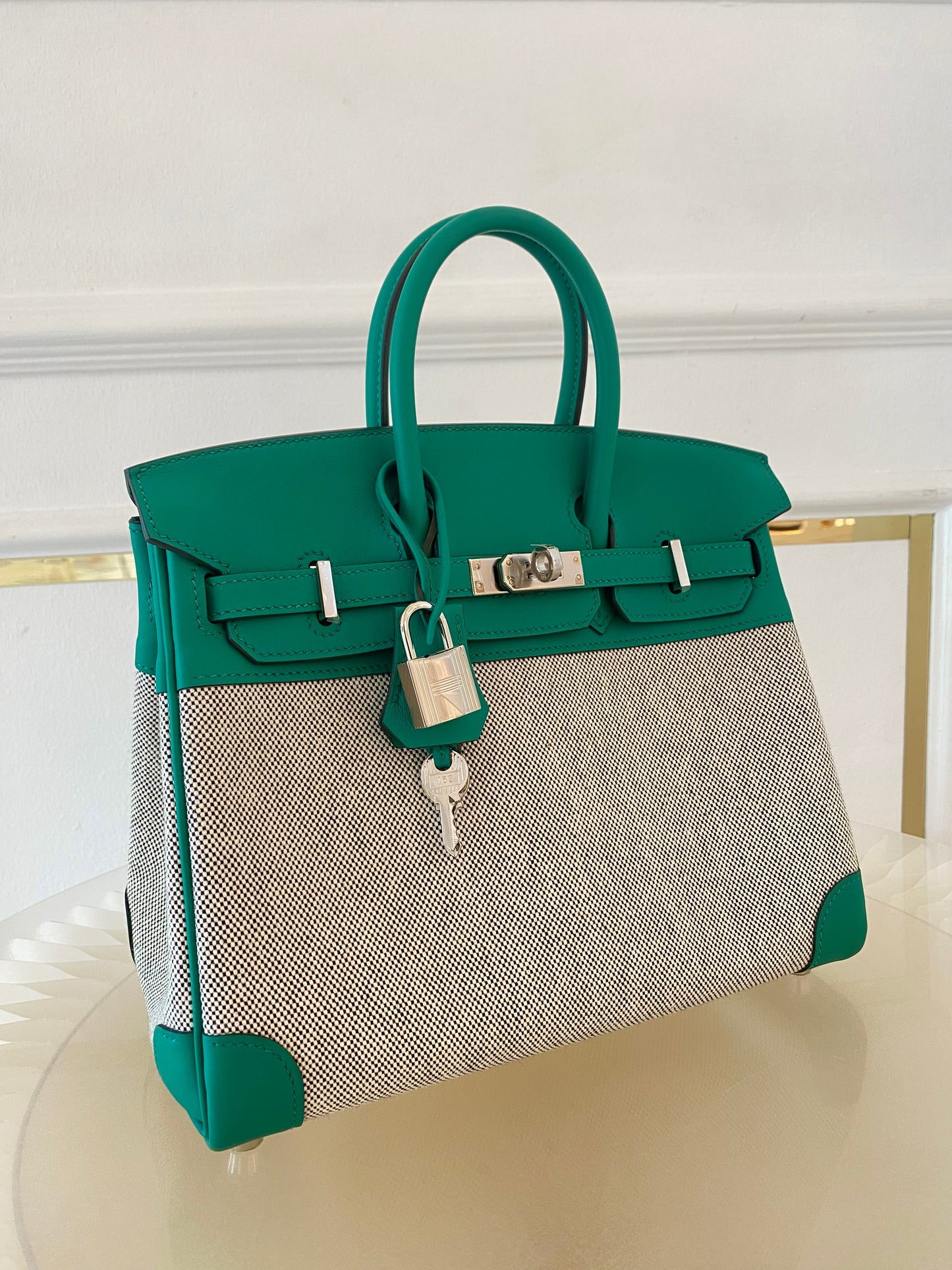 HERMES Birkin 25 Vert Vertigo Toile Swift PHW
