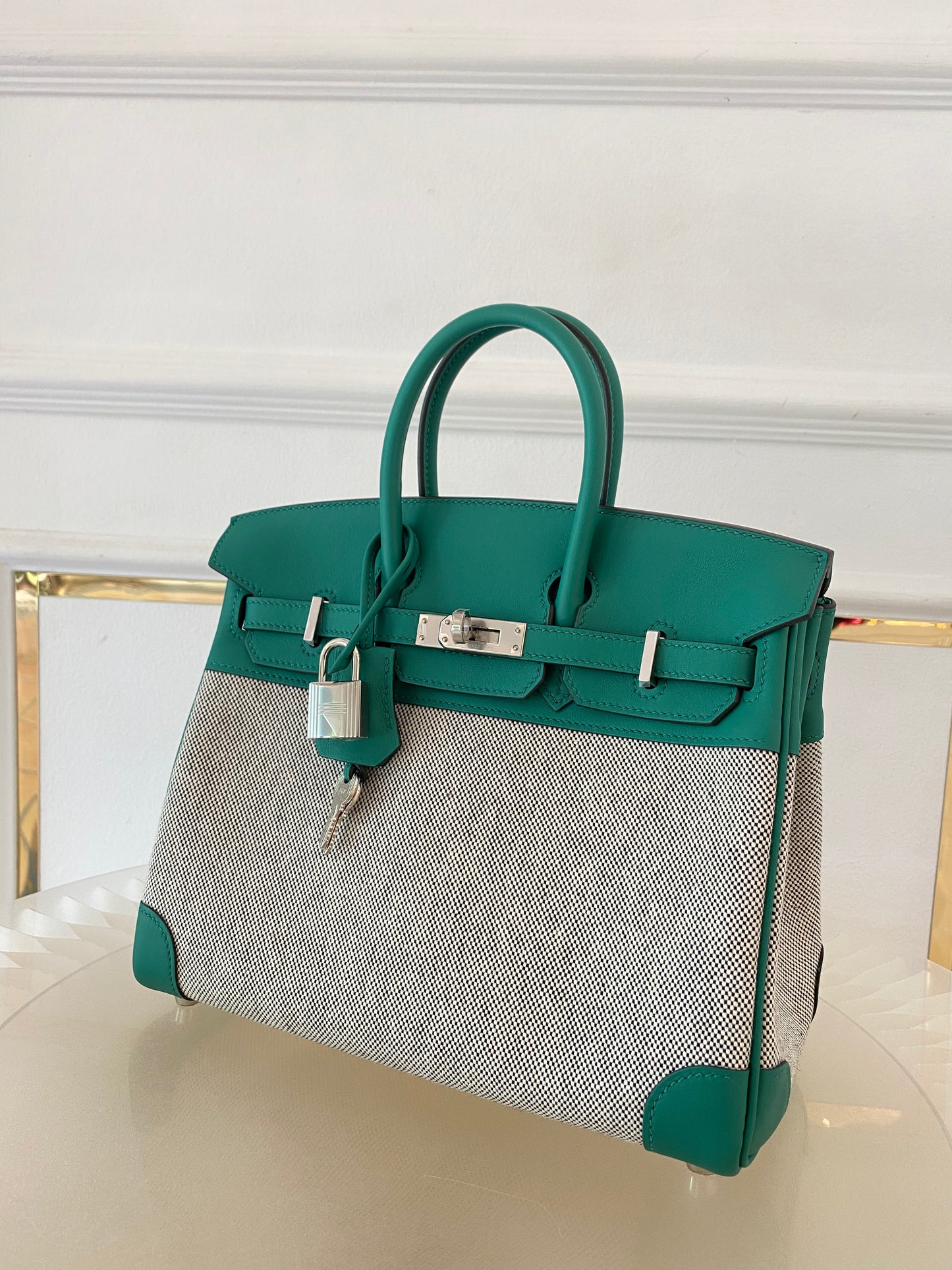 HERMES Birkin 25 Vert Vertigo Toile Swift PHW
