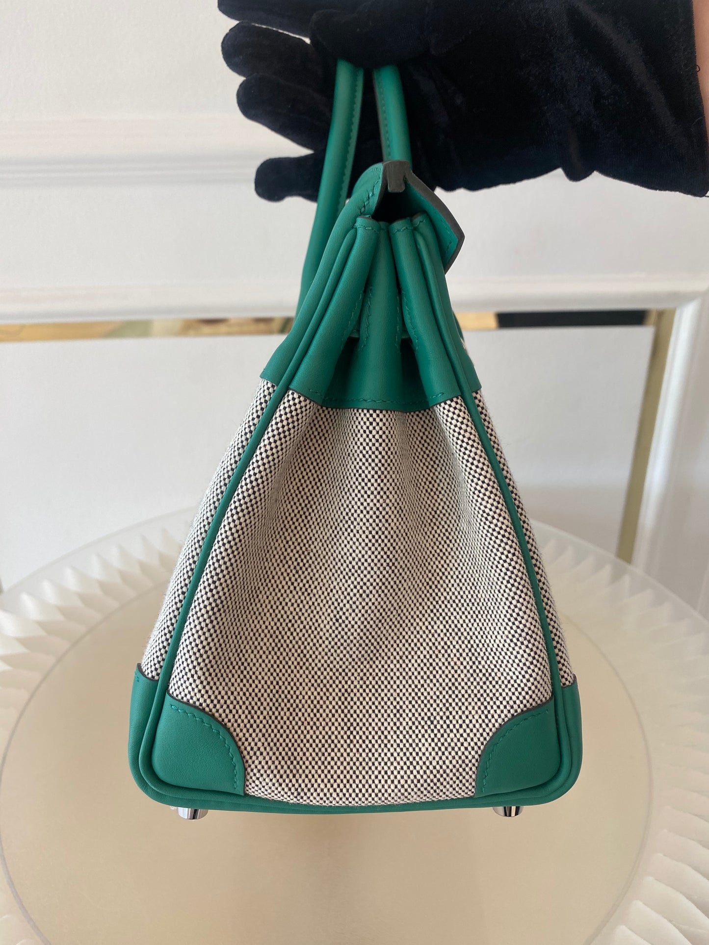 HERMES Birkin 25 Vert Vertigo Toile Swift PHW
