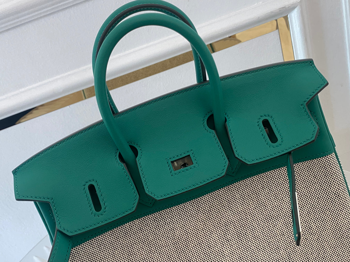 HERMES Birkin 25 Vert Vertigo Toile Swift PHW