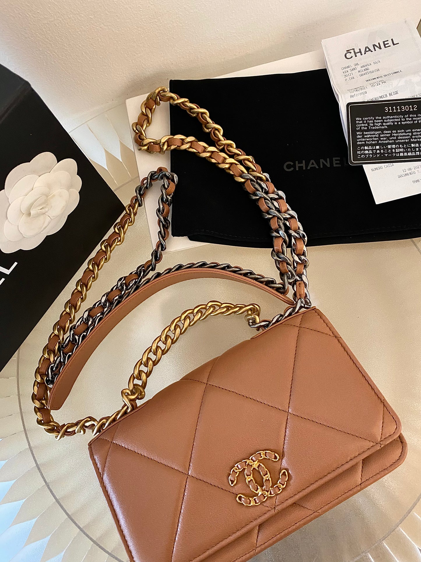 CHANEL C19 WOC Brown Quilted Lambskin Leather