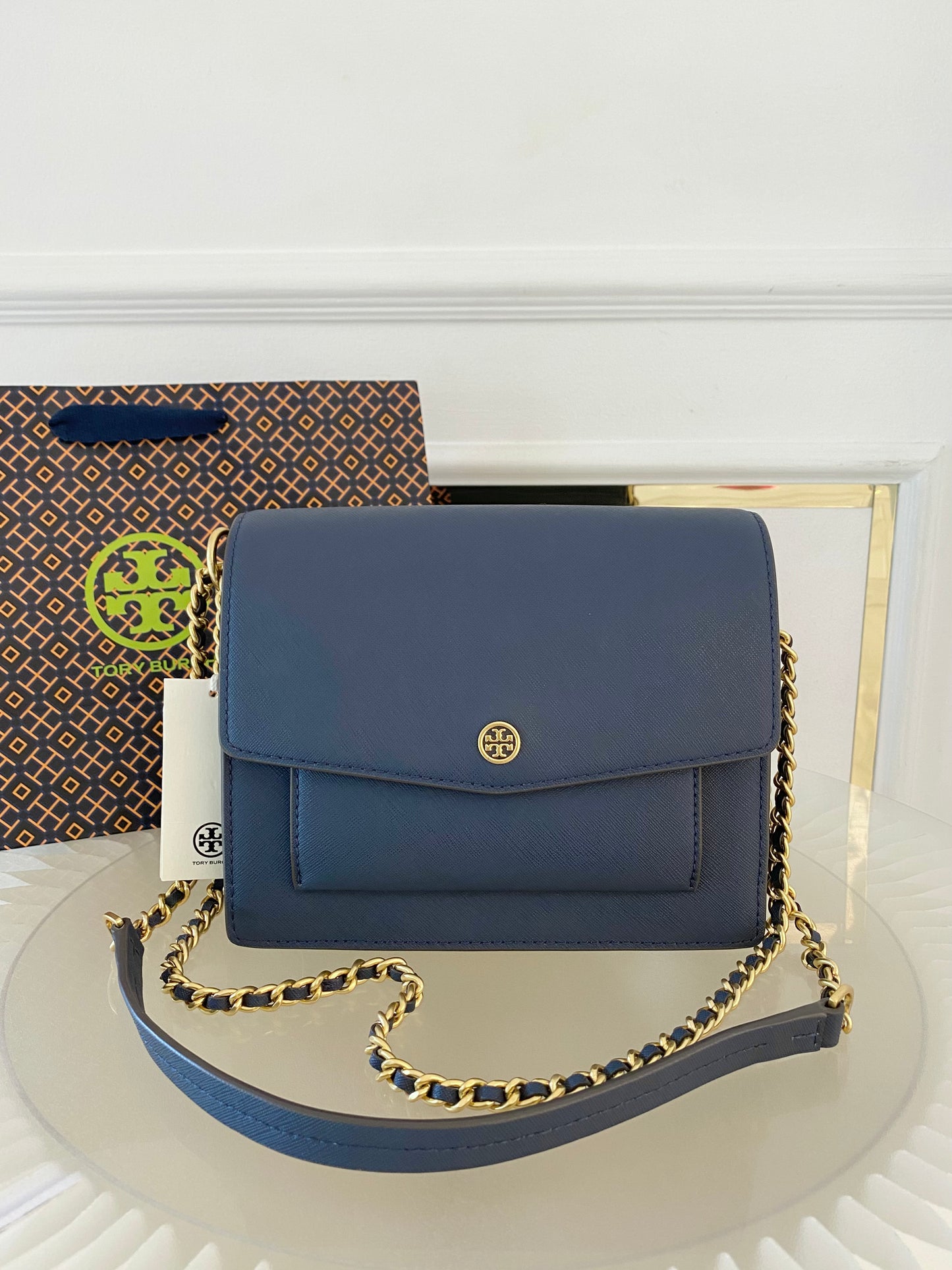 TORY BURCH Robinson Colorblock Double Strap Blue Bag