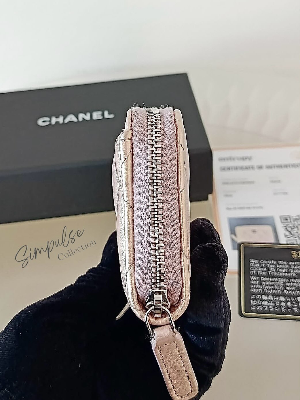 Chanel Cc Zip Pink Quilted Irediscent Leather Coin Purse