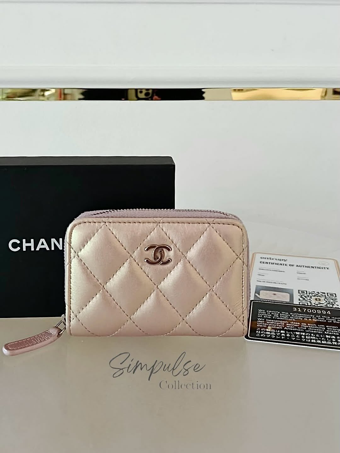 Chanel Cc Zip Pink Quilted Irediscent Leather Coin Purse