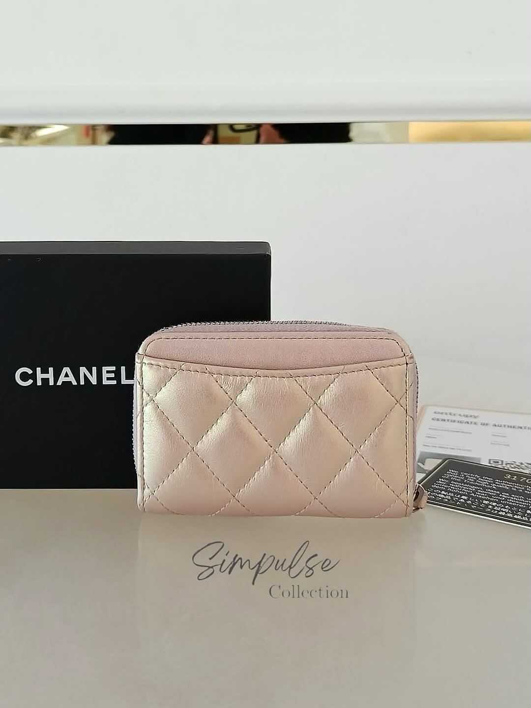 Chanel Cc Zip Pink Quilted Irediscent Leather Coin Purse