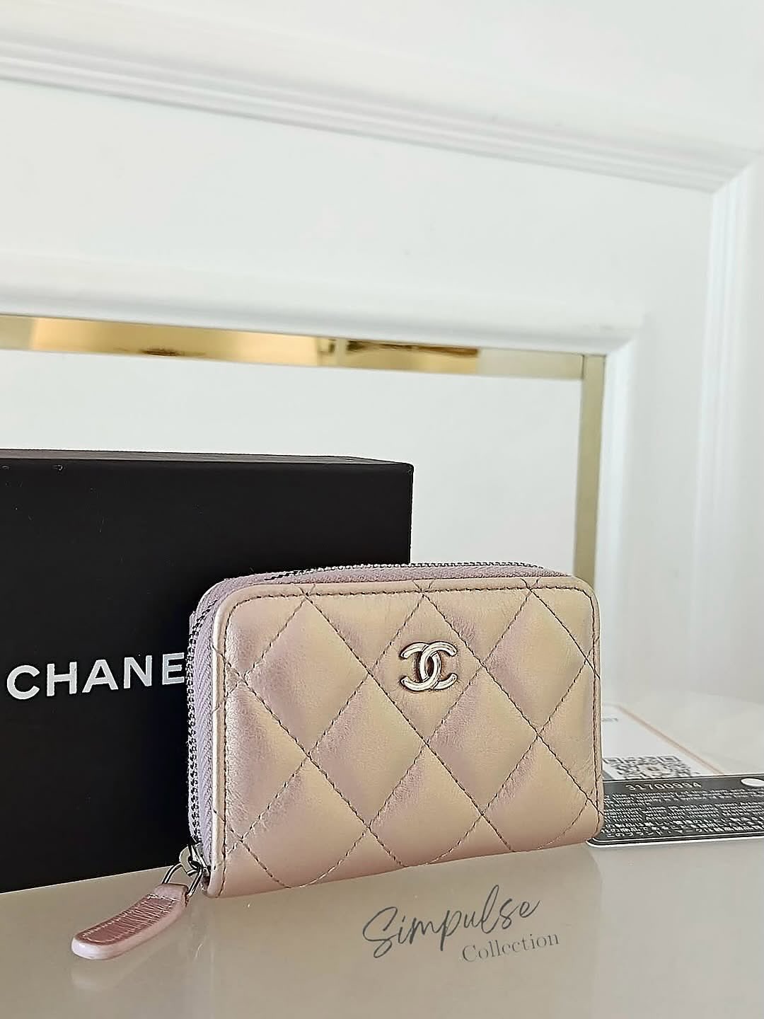 Chanel Cc Zip Pink Quilted Irediscent Leather Coin Purse