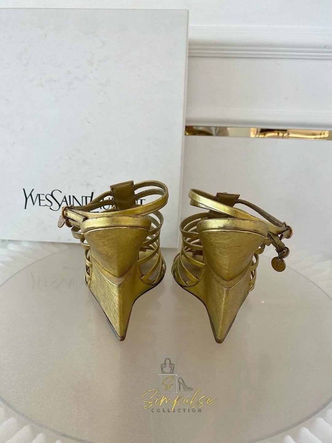 Yves Saint Laurent Tribute Gold Leather Gladiator Wedge Sandal
