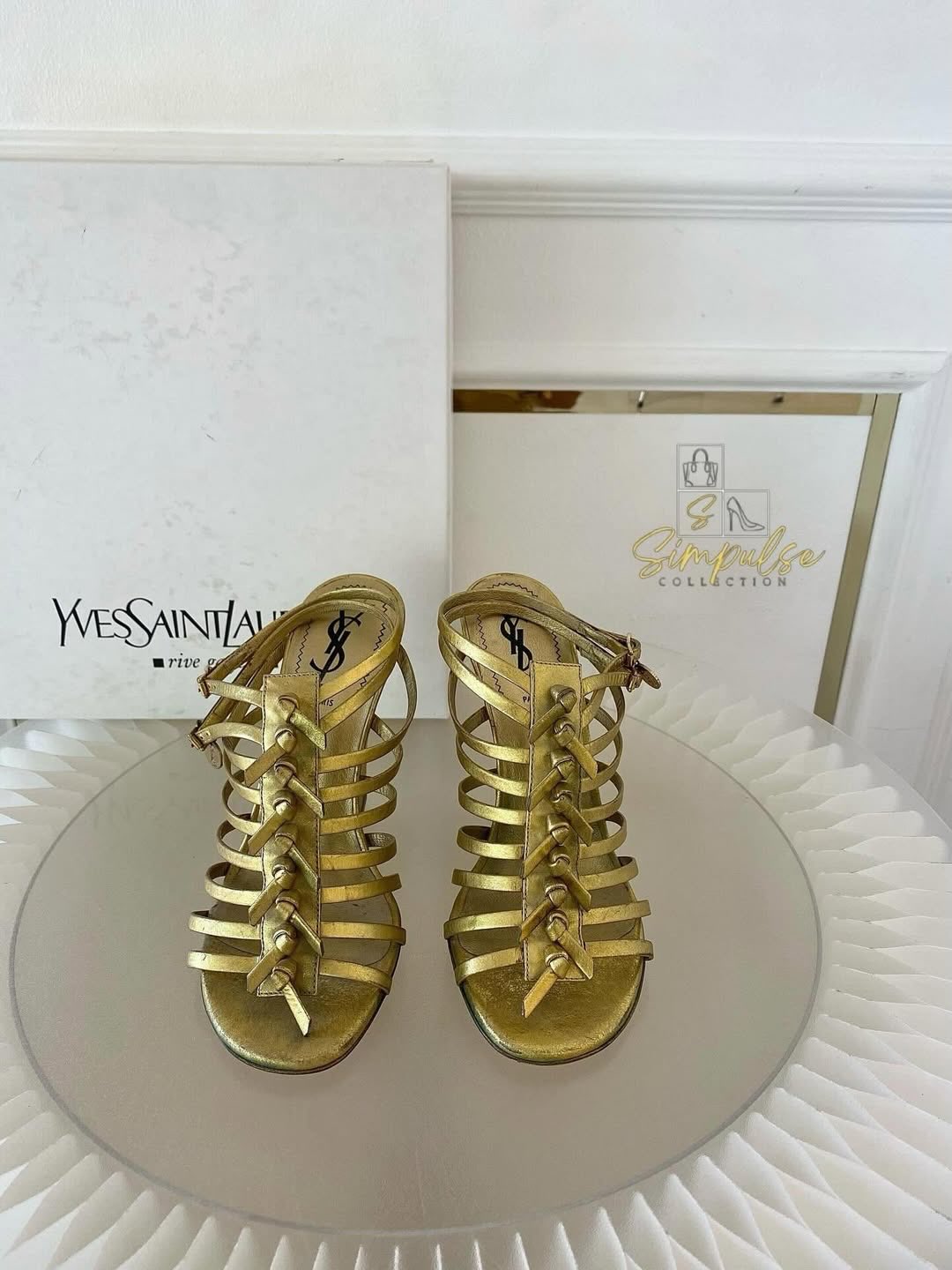 Yves Saint Laurent Tribute Gold Leather Gladiator Wedge Sandal