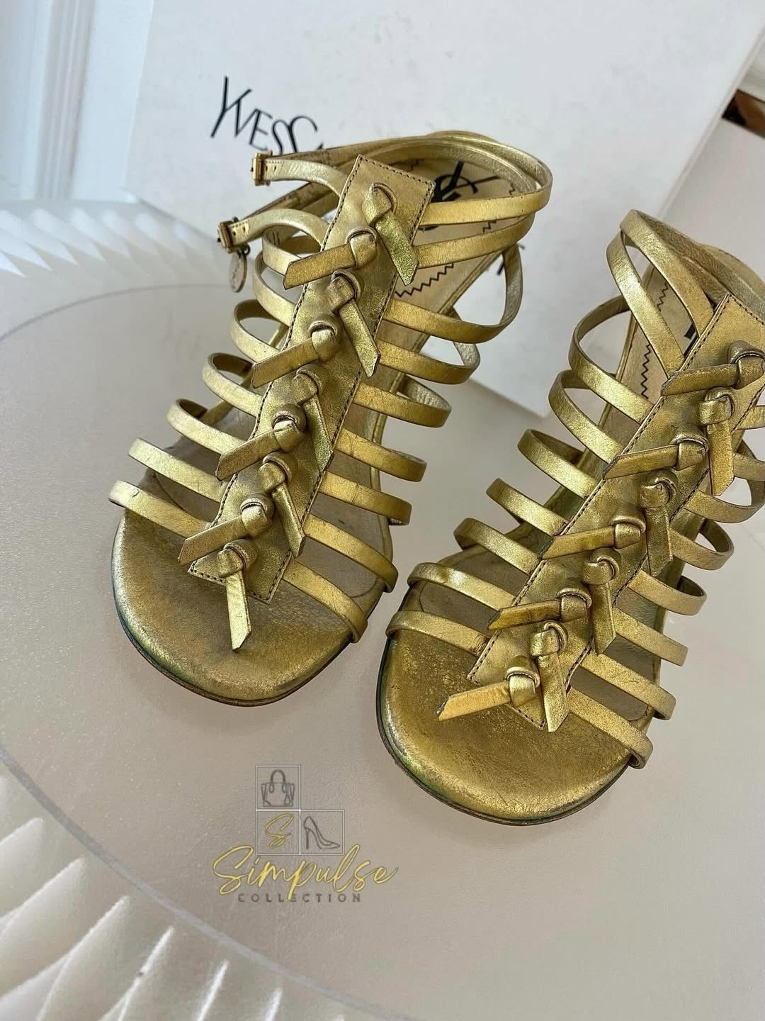 Yves Saint Laurent Tribute Gold Leather Gladiator Wedge Sandal