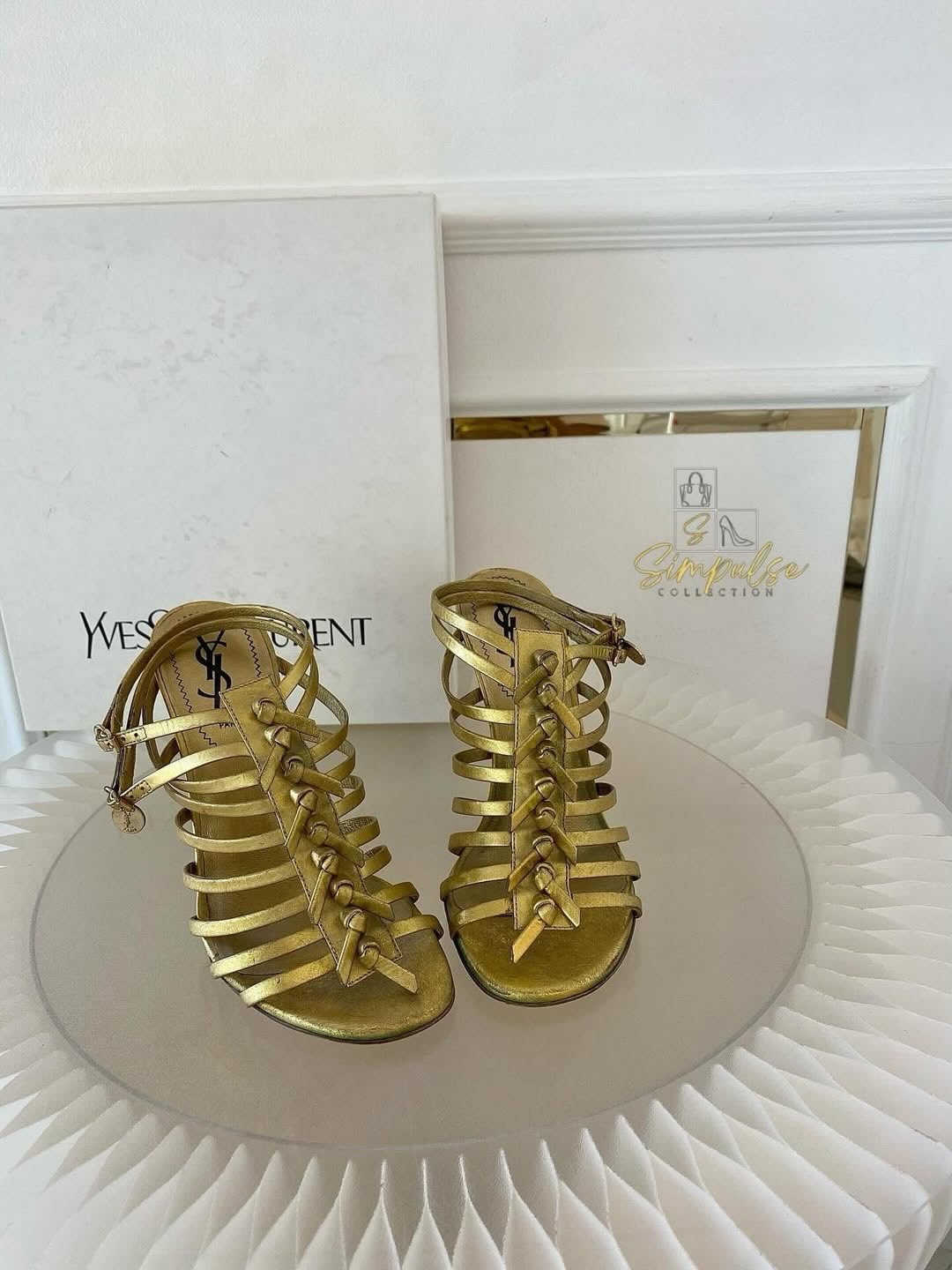 Yves Saint Laurent Tribute Gold Leather Gladiator Wedge Sandal