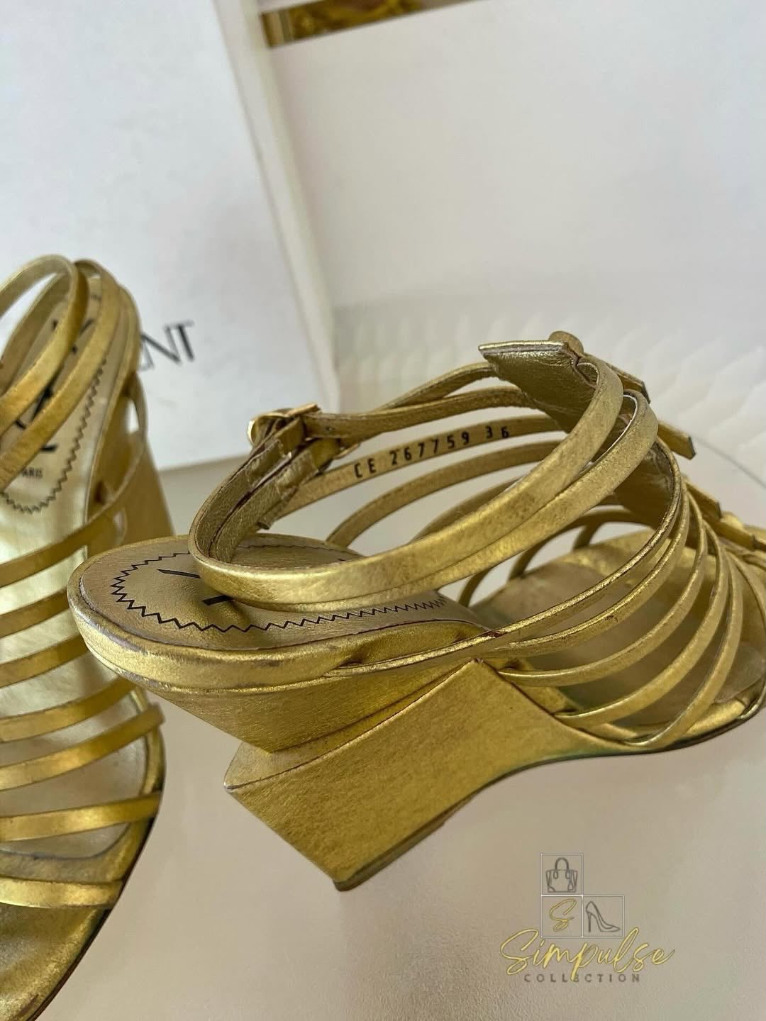 Yves Saint Laurent Tribute Gold Leather Gladiator Wedge Sandal