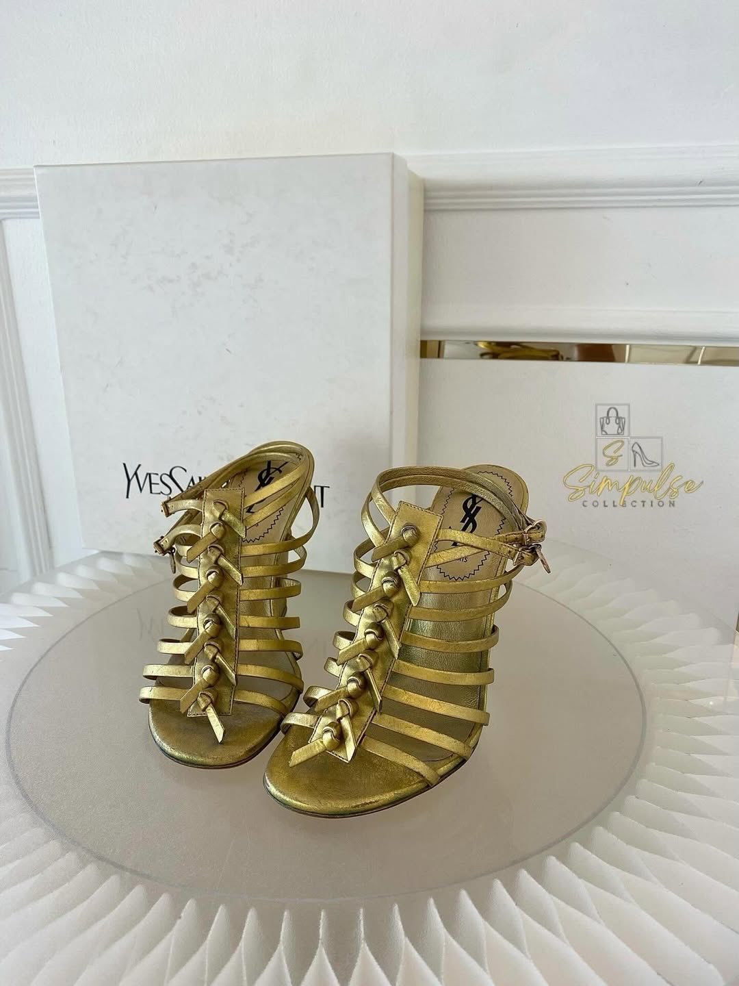 Yves Saint Laurent Tribute Gold Leather Gladiator Wedge Sandal