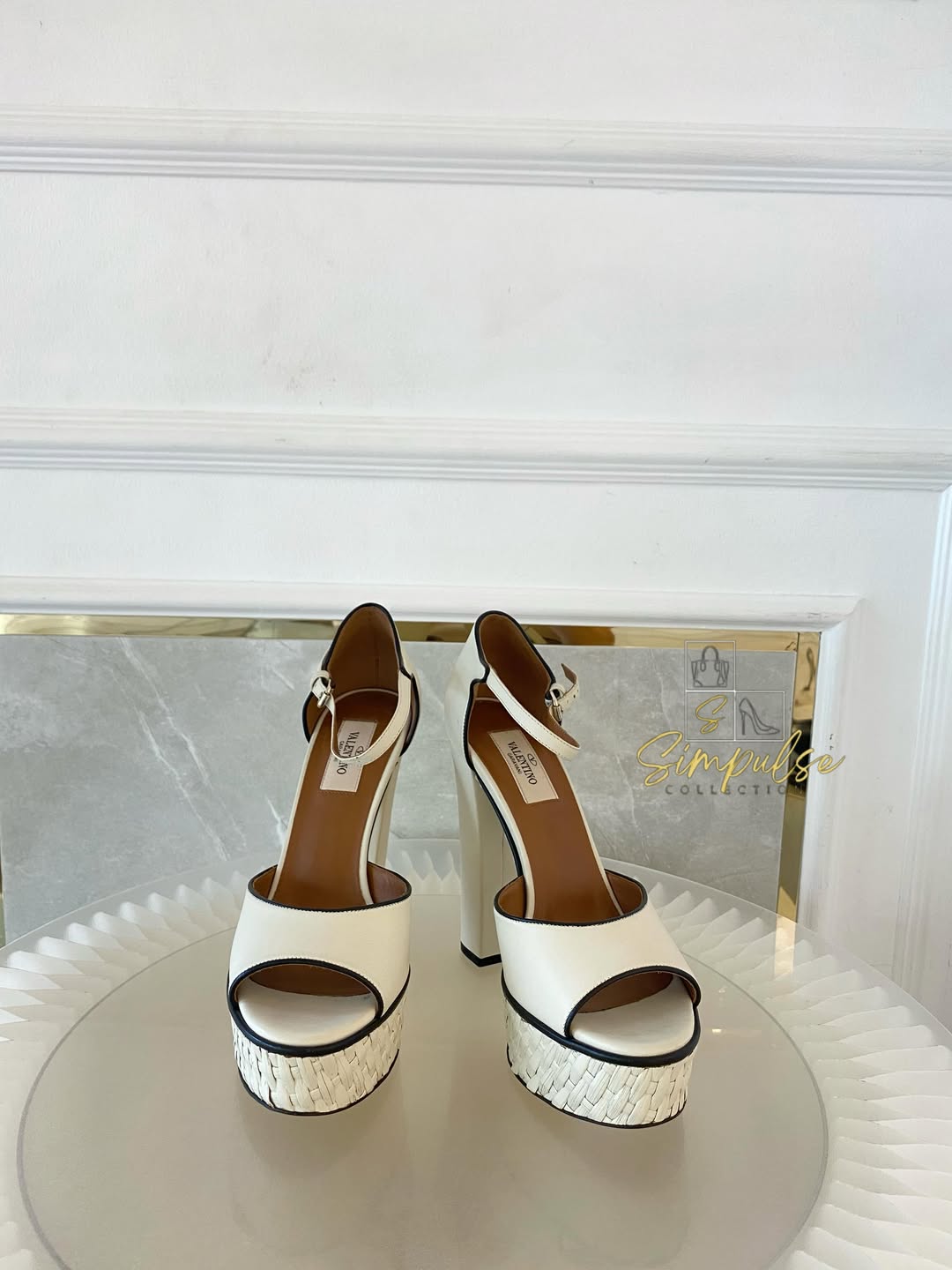 VLTN Cream Leather Platform Ankle Strap Pumps