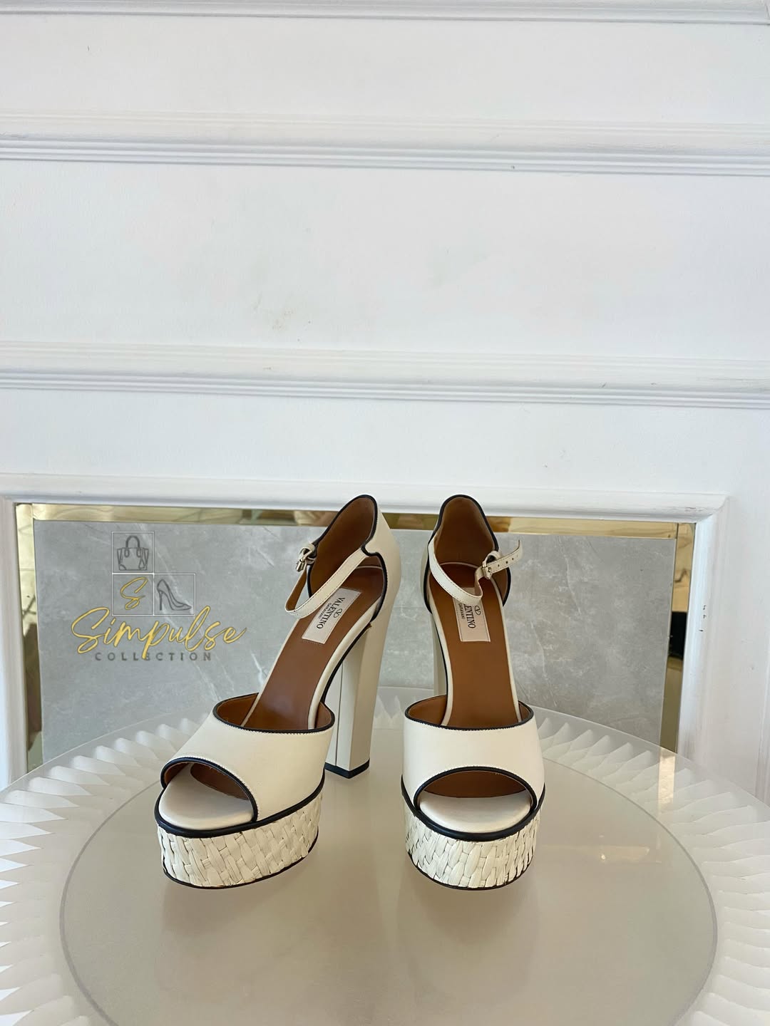 VLTN Cream Leather Platform Ankle Strap Pumps