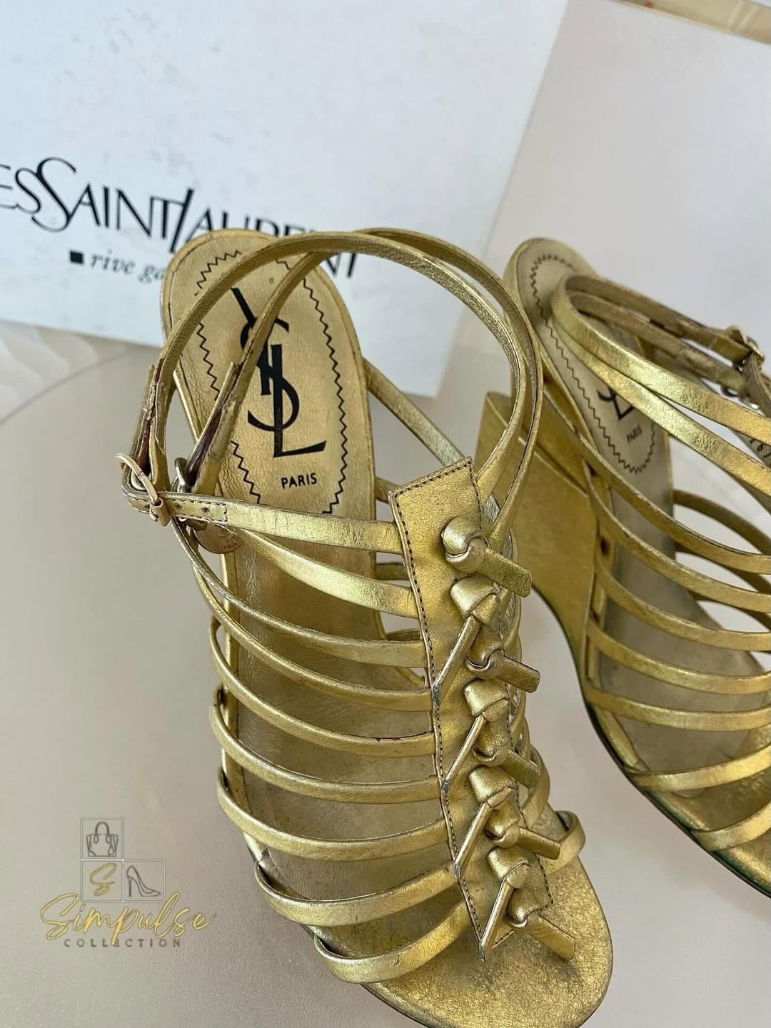 Yves Saint Laurent Tribute Gold Leather Gladiator Wedge Sandal