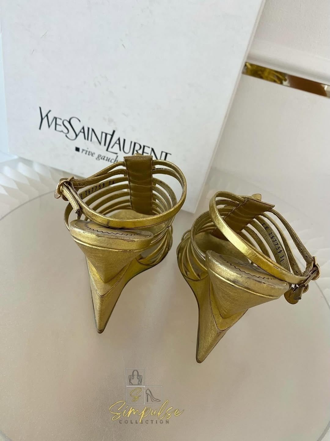 Yves Saint Laurent Tribute Gold Leather Gladiator Wedge Sandal