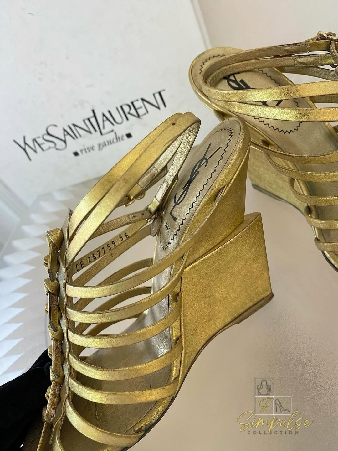 Yves Saint Laurent Tribute Gold Leather Gladiator Wedge Sandal