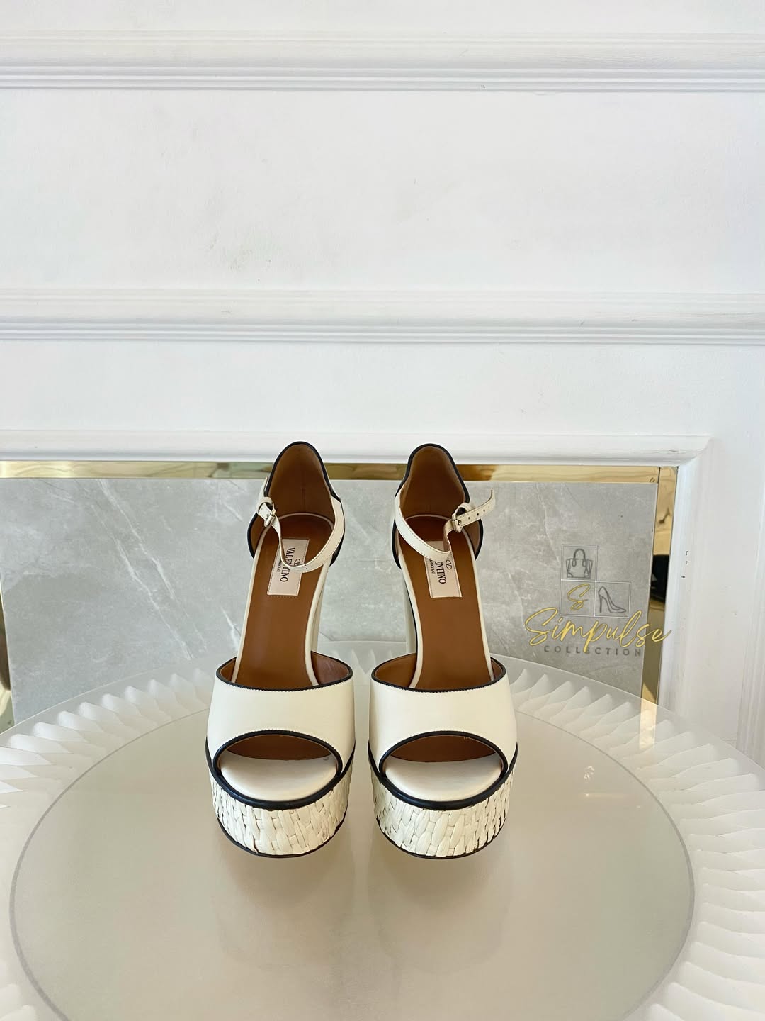 VLTN Cream Leather Platform Ankle Strap Pumps
