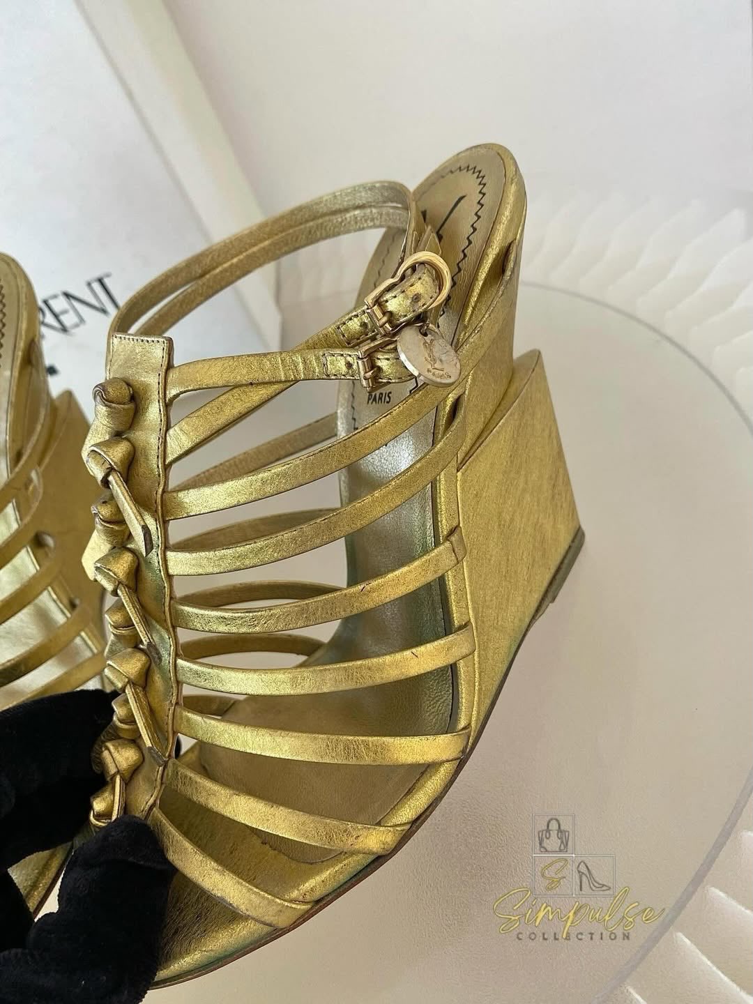 Yves Saint Laurent Tribute Gold Leather Gladiator Wedge Sandal