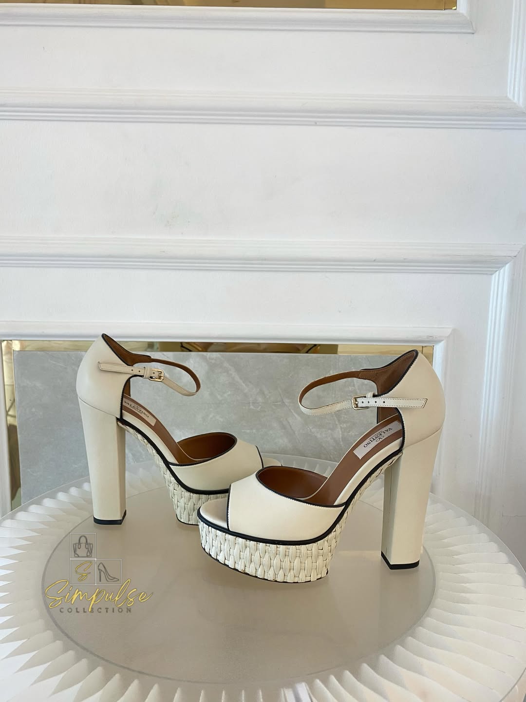 VLTN Cream Leather Platform Ankle Strap Pumps