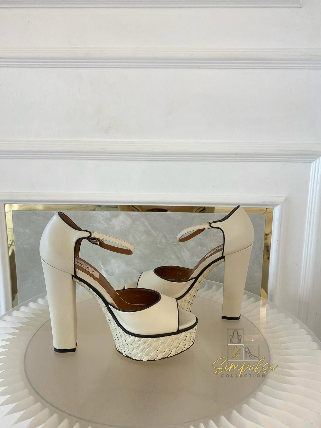 VLTN Cream Leather Platform Ankle Strap Pumps