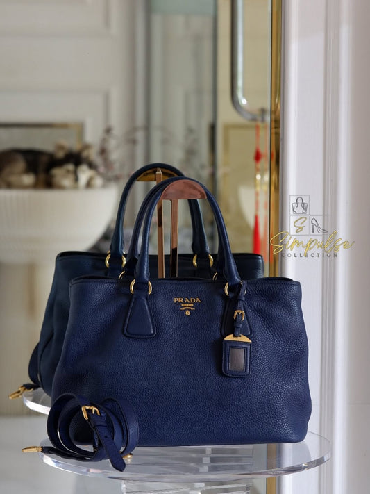 Prada Bluette Vitello Daino Leather Tote Bag