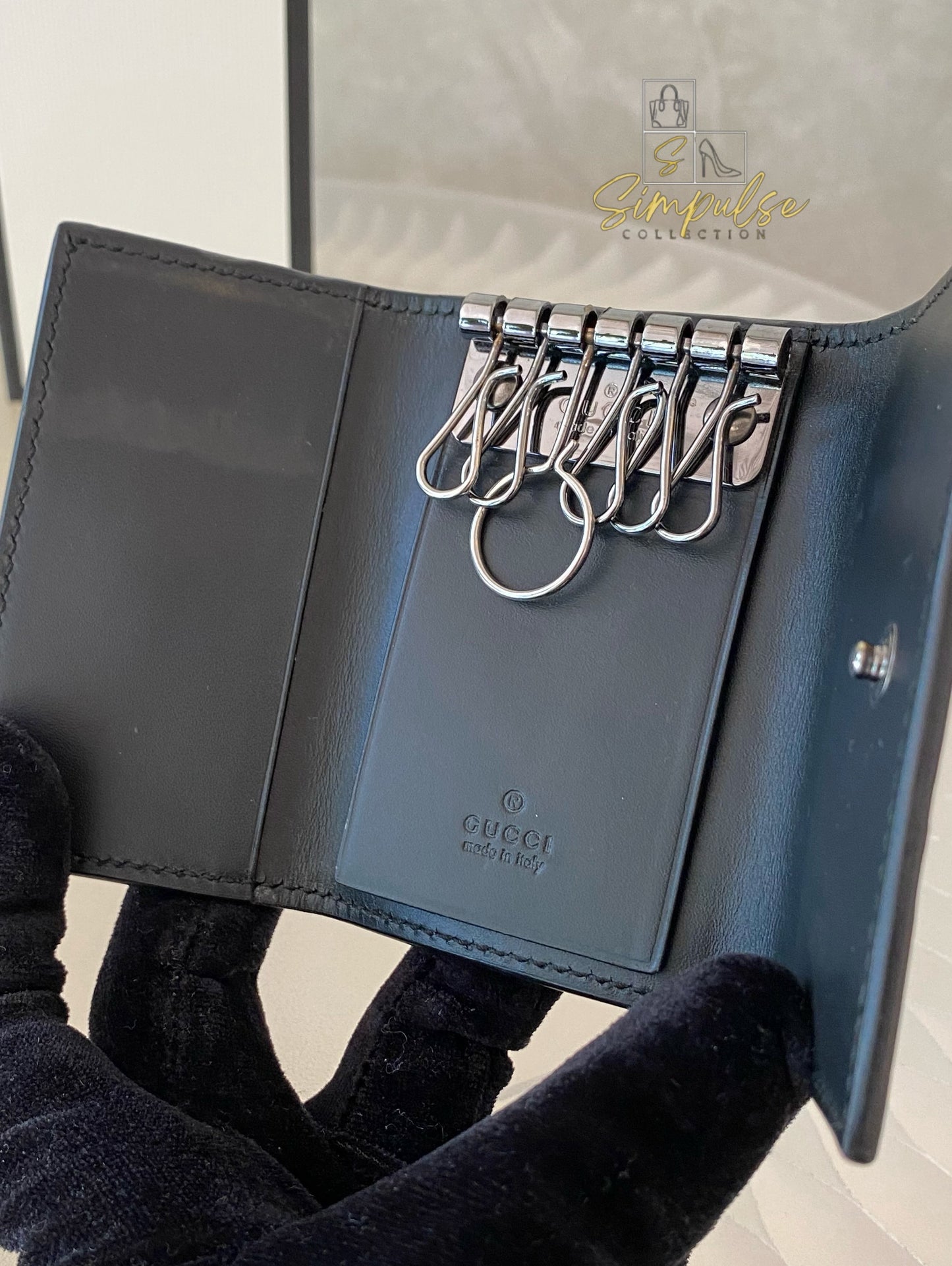 Gucci Black Leather Monogram Key Case