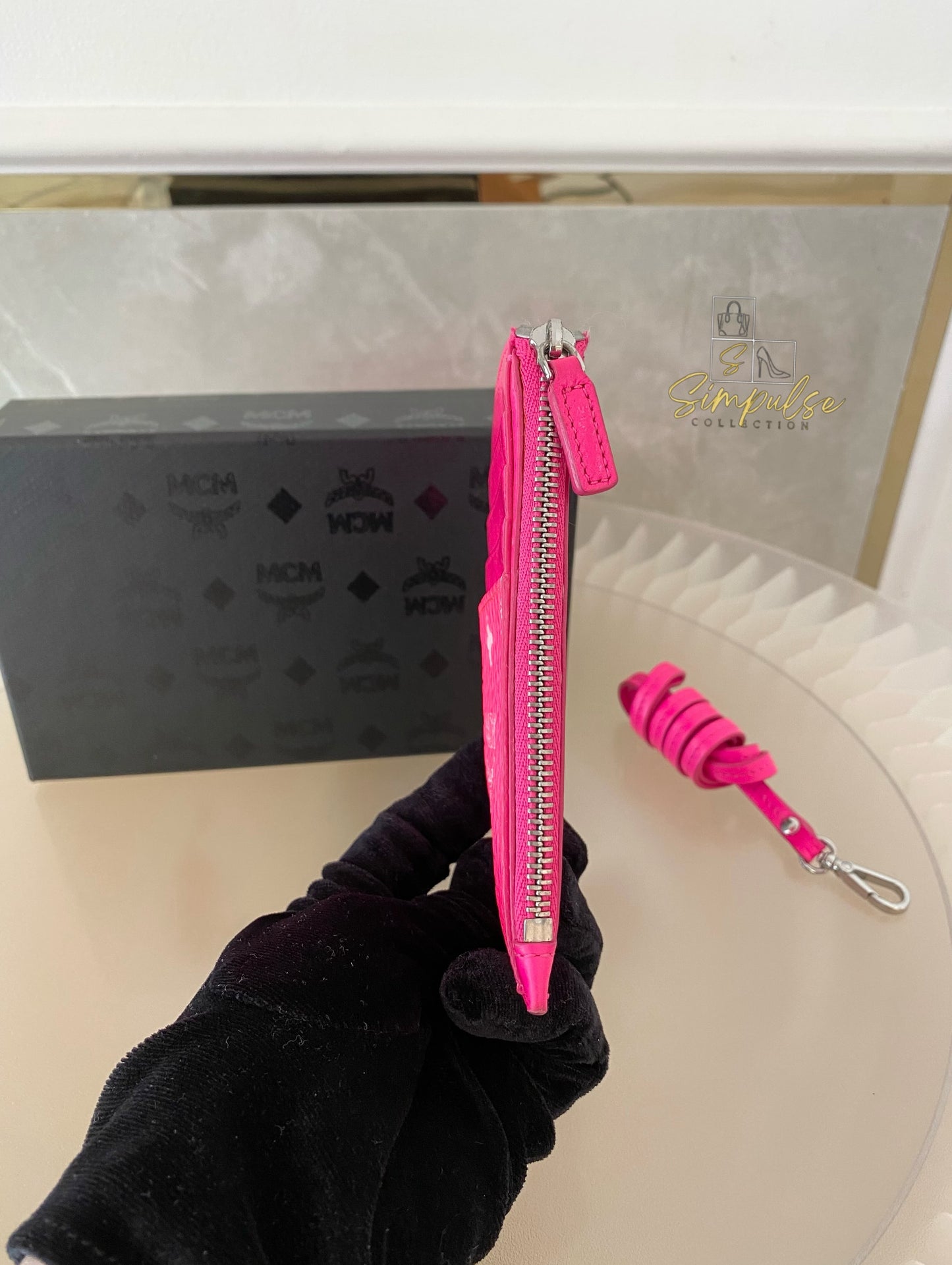 MCM Lanyard Card Holder Neon Pink Visetos Coated Canvas