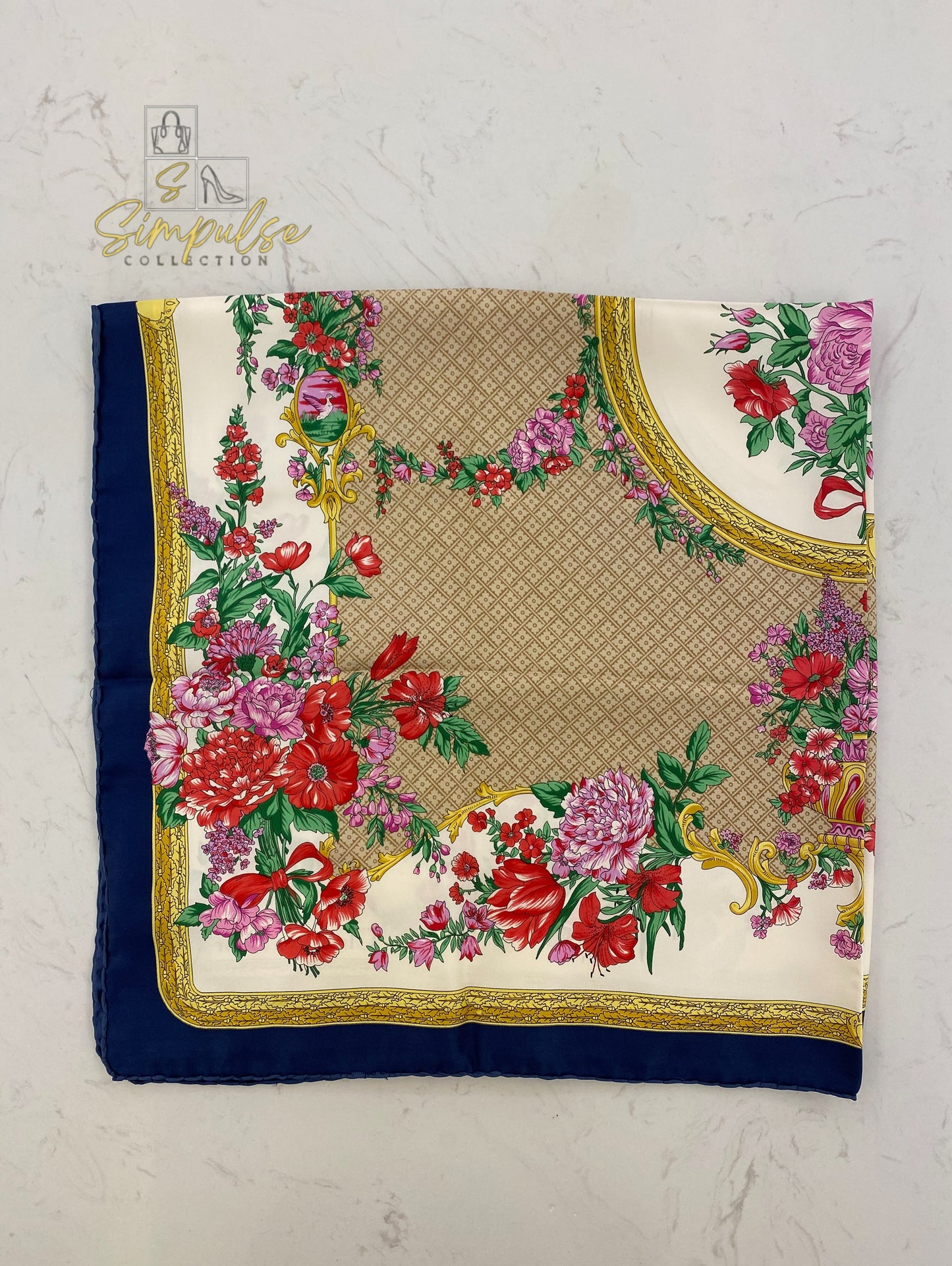 Christian Dior Silk Scarf Floral Pattern Navy Blue Border