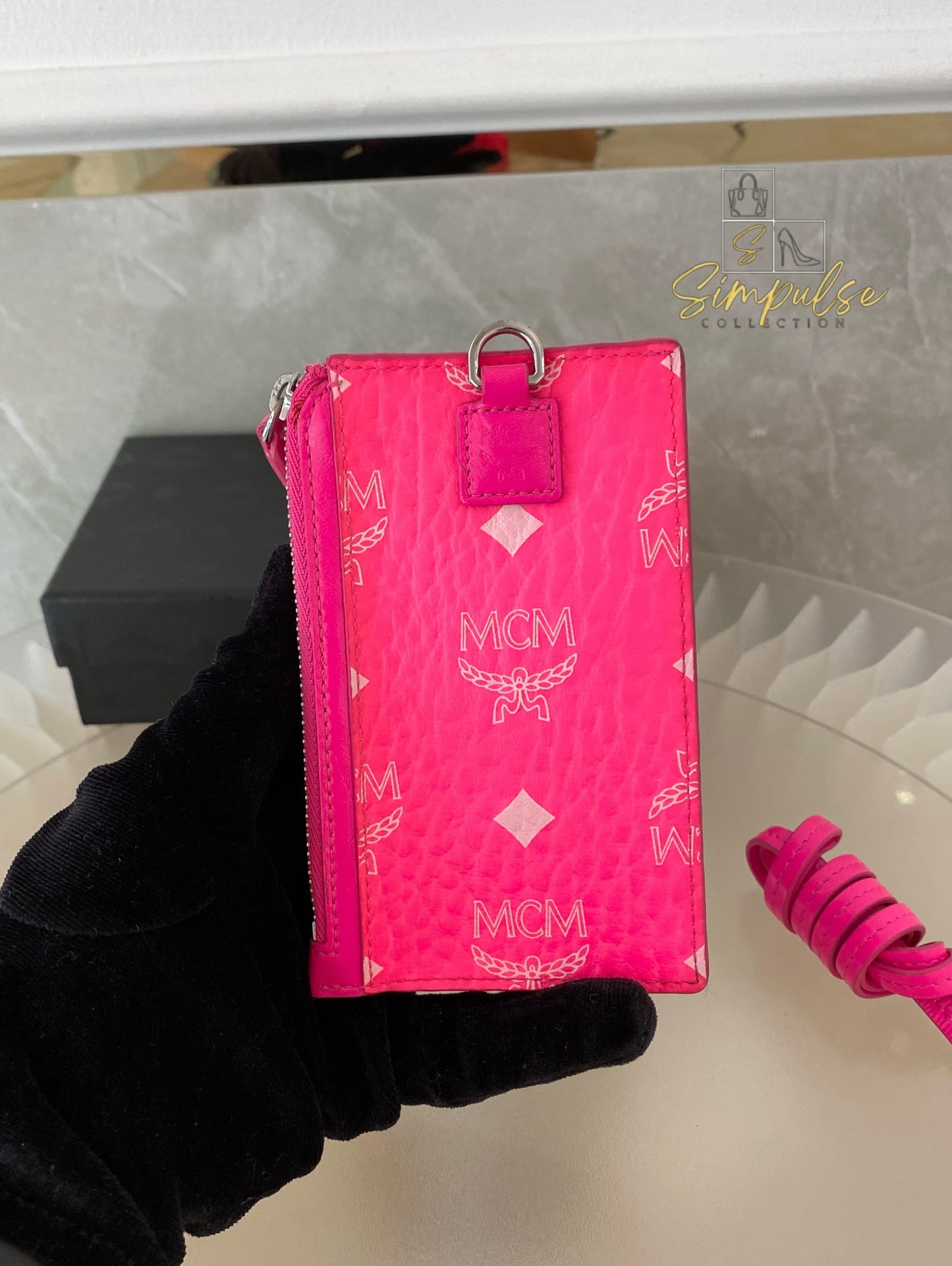MCM Lanyard Card Holder Neon Pink Visetos Coated Canvas