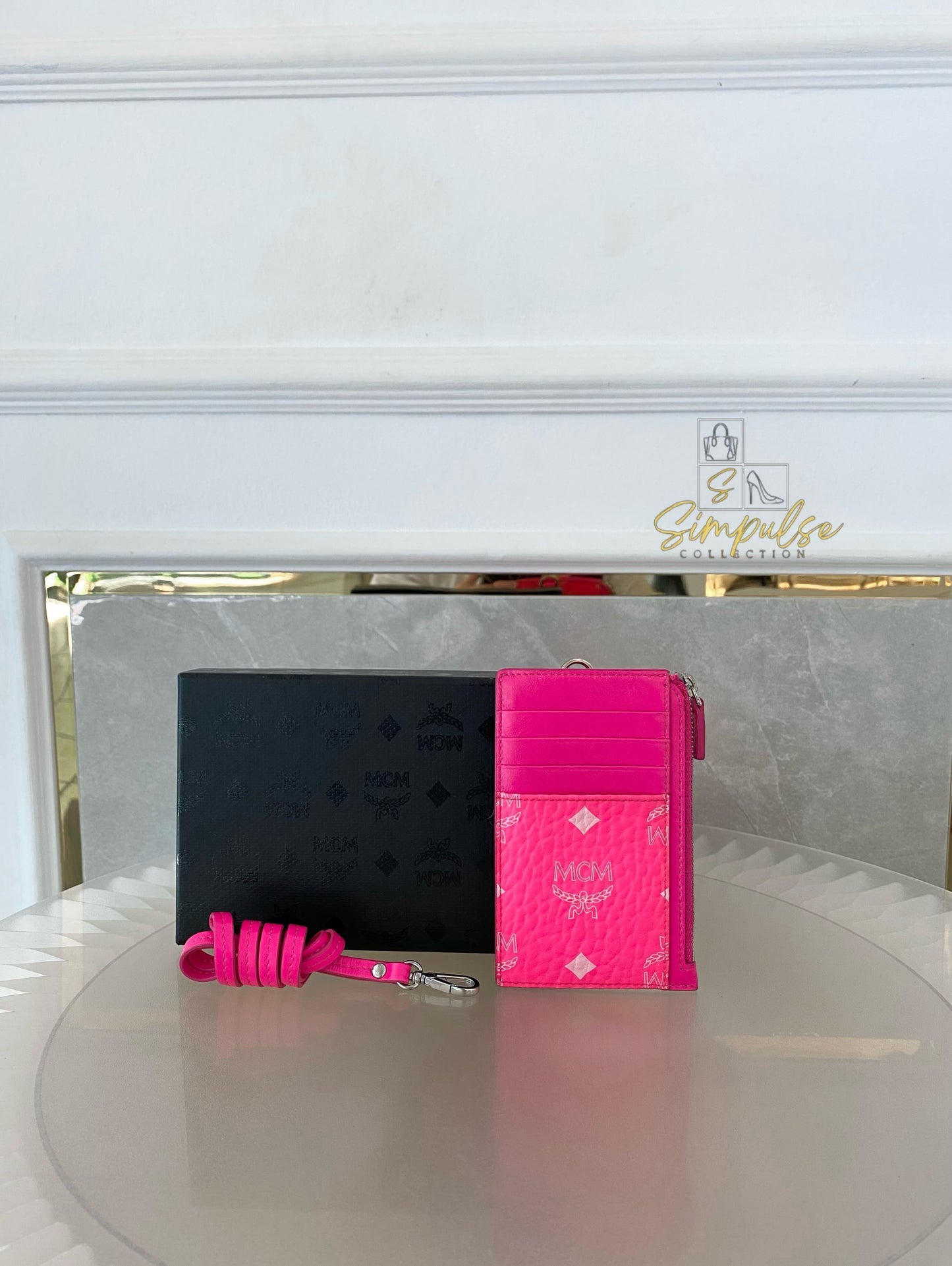 MCM Lanyard Card Holder Neon Pink Visetos Coated Canvas
