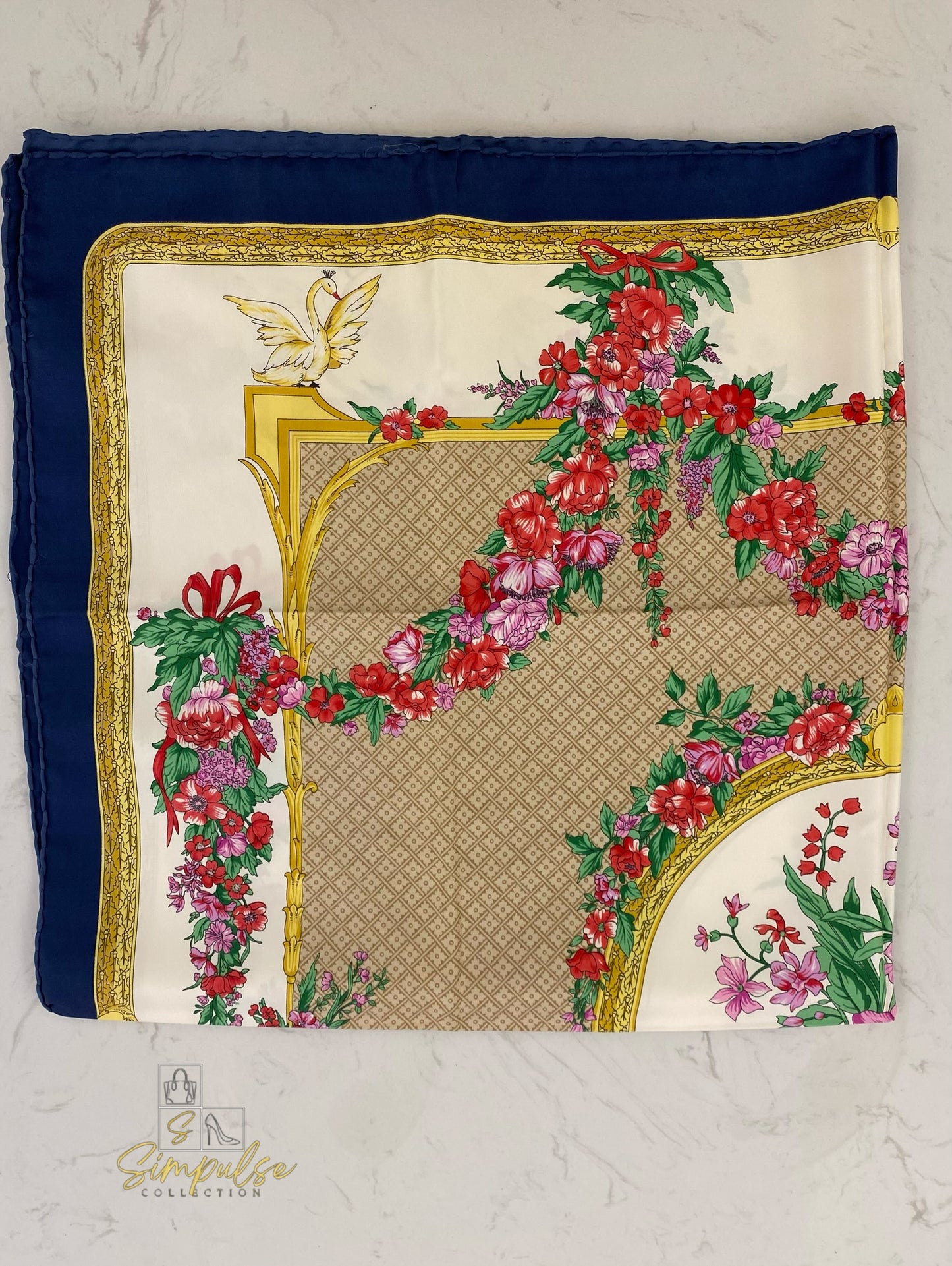 Christian Dior Silk Scarf Floral Pattern Navy Blue Border