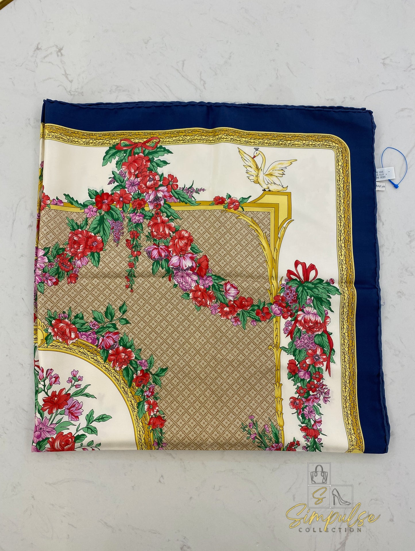 Christian Dior Silk Scarf Floral Pattern Navy Blue Border