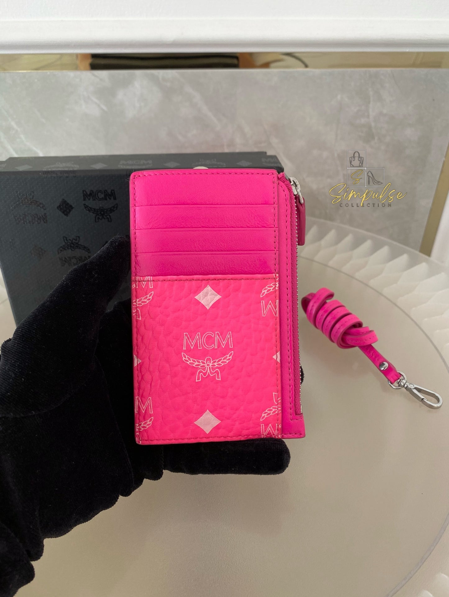 MCM Lanyard Card Holder Neon Pink Visetos Coated Canvas
