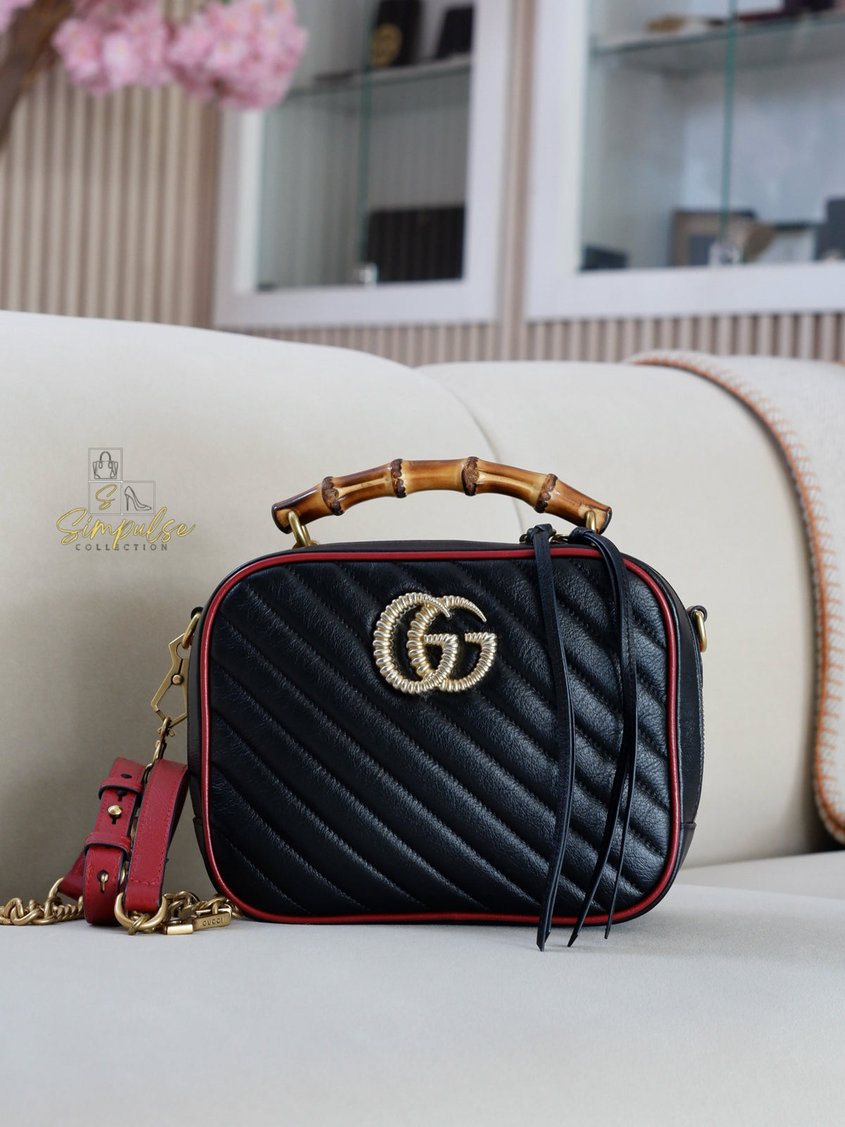 GUCCI Marmont Vintage Effect Matelasse Diagonal Leather Bamboo Top Handle Small