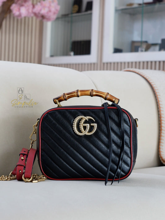 GUCCI Marmont Vintage Effect Matelasse Diagonal Leather Bamboo Top Handle Small