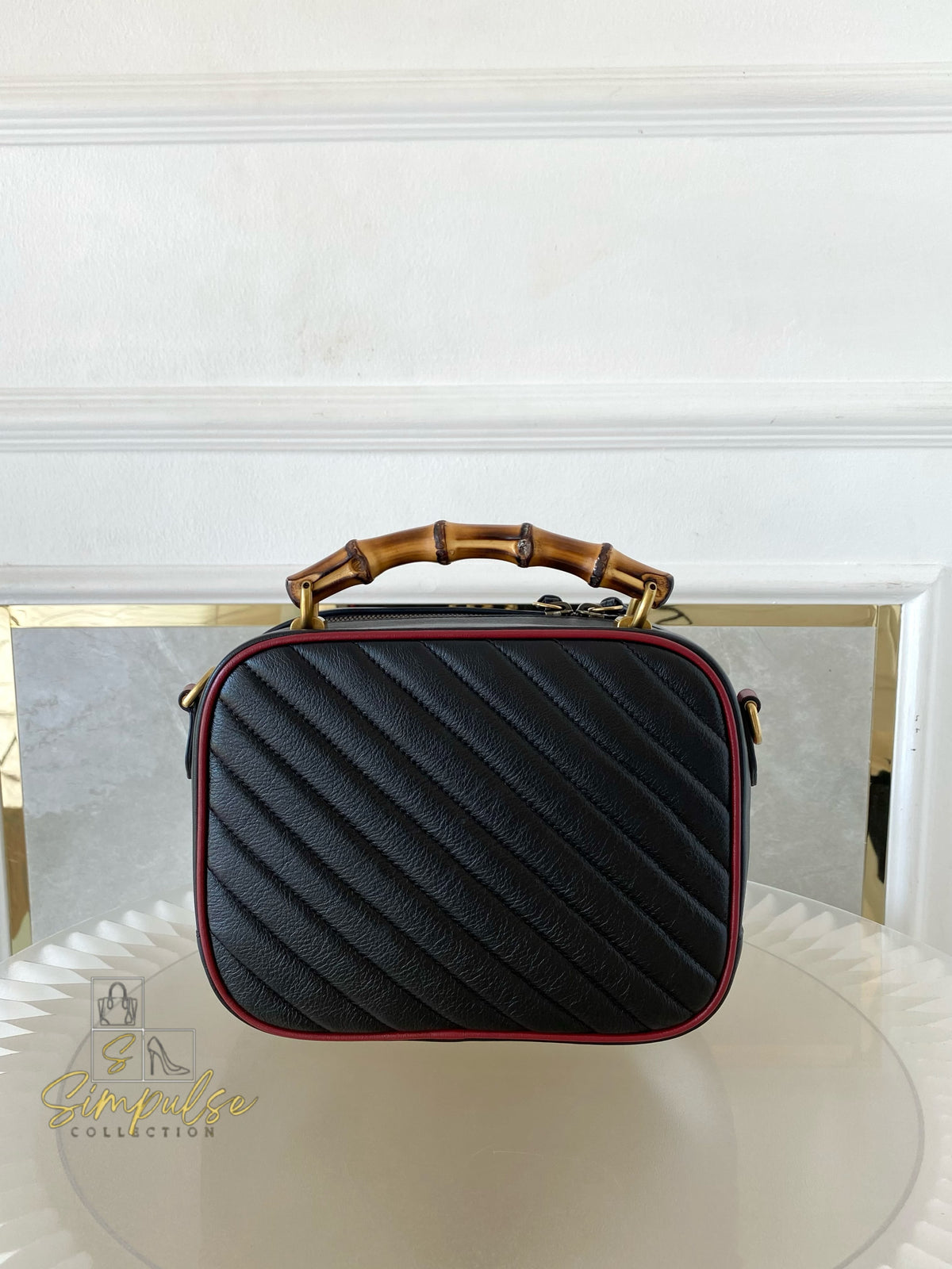 GUCCI Marmont Vintage Effect Matelasse Diagonal Leather Bamboo Top Handle Small