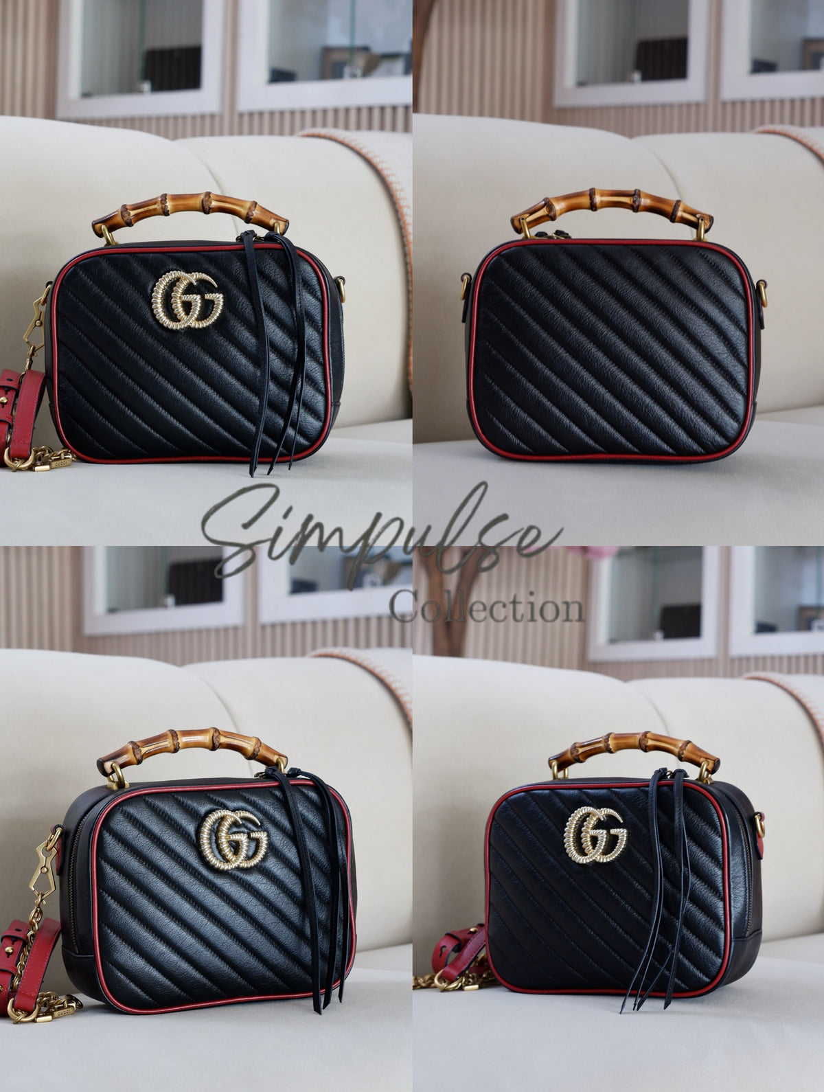 GUCCI Marmont Vintage Effect Matelasse Diagonal Leather Bamboo Top Handle Small