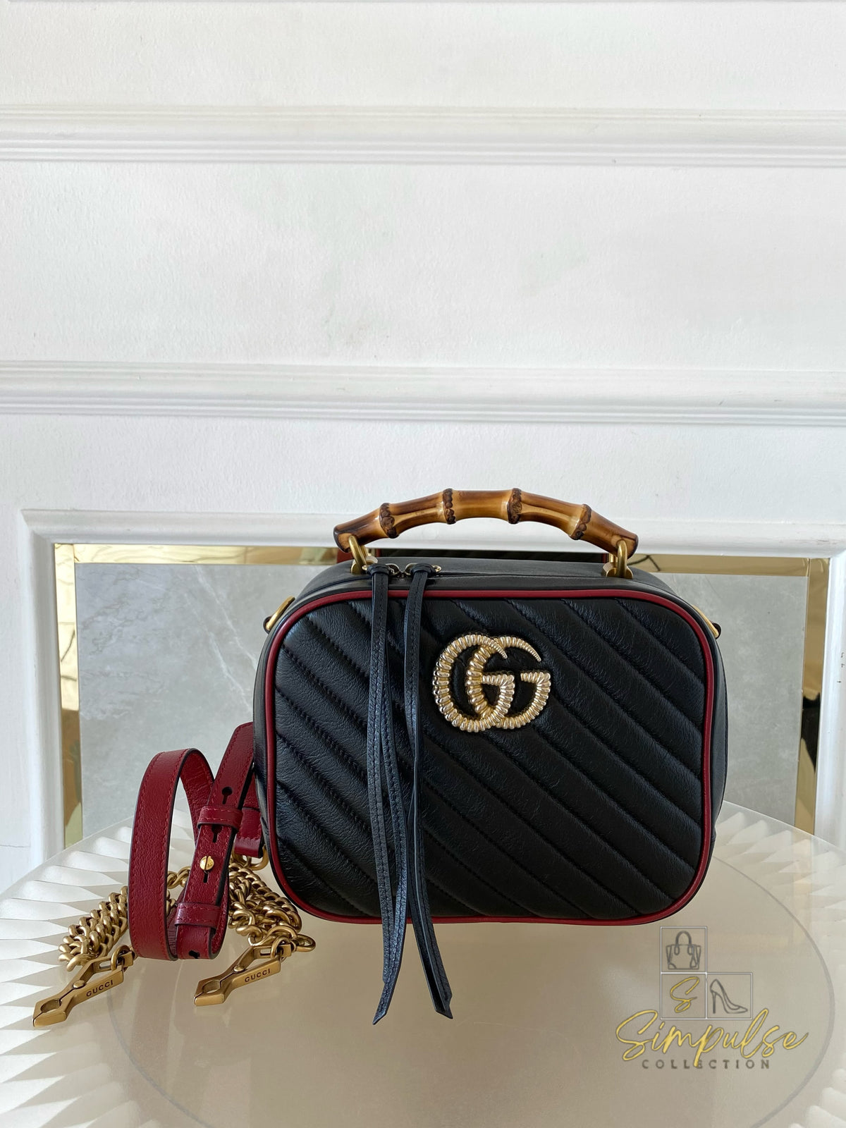 GUCCI Marmont Vintage Effect Matelasse Diagonal Leather Bamboo Top Handle Small